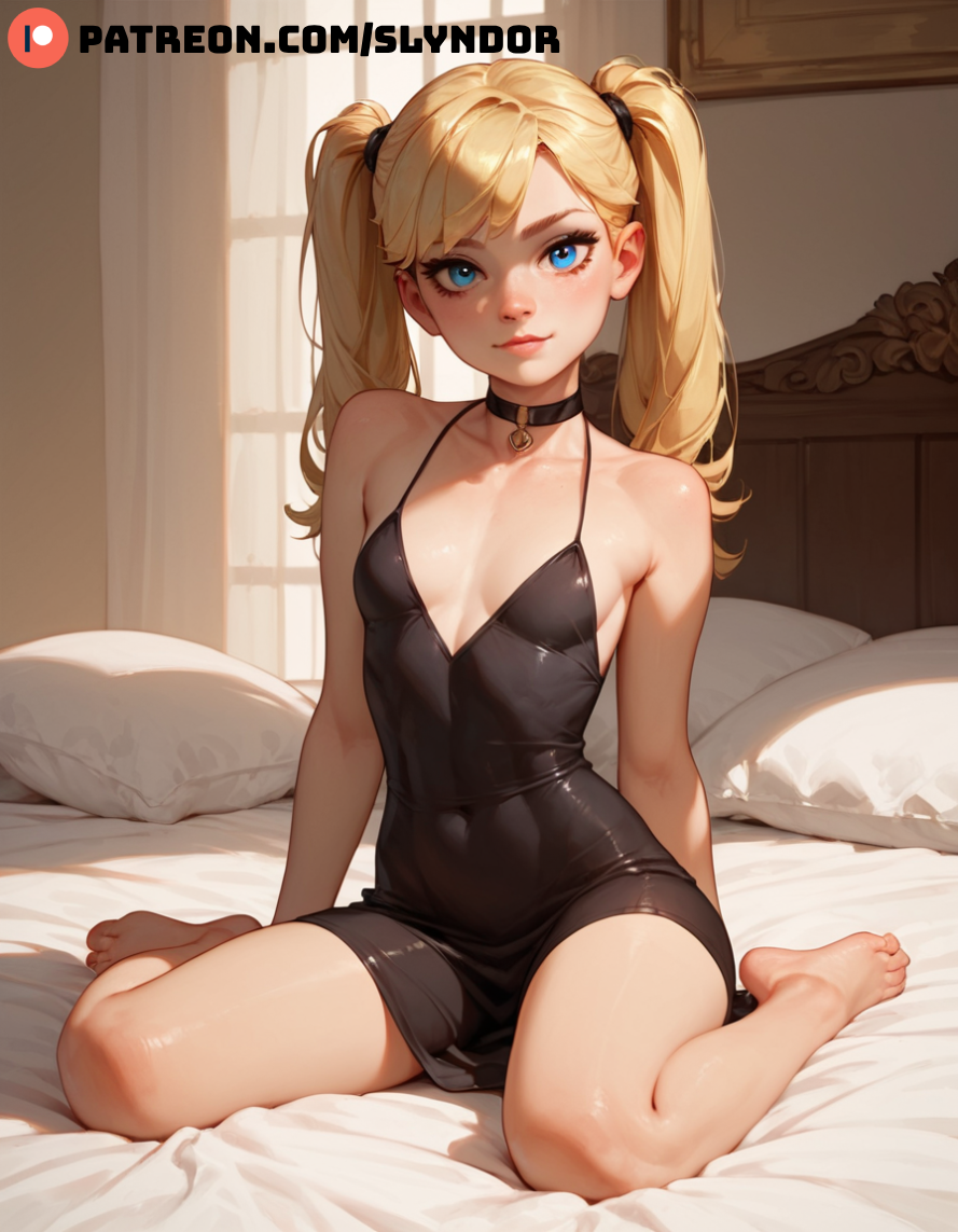 1girls ai_generated bed bedroom black_dress blonde_female blonde_hair blue_eyes dress high looking_at_viewer patreon ponytail sitting slyndor small_body small_breasts solo solo_focus stable_diffusion tagme_(artist) teenager tight_clothing tight_dress uncensored