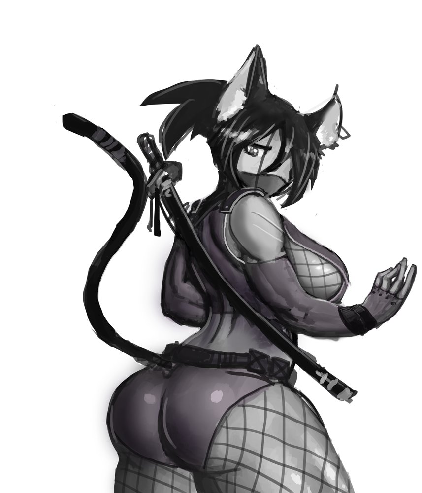 1girls animal_ear_fluff animal_ears belt black_hair ezzyecchi face_covered fishnet_legwear fishnets kemonomimi large_breasts looking_at_viewer monochrome sideboob sketch sword tail