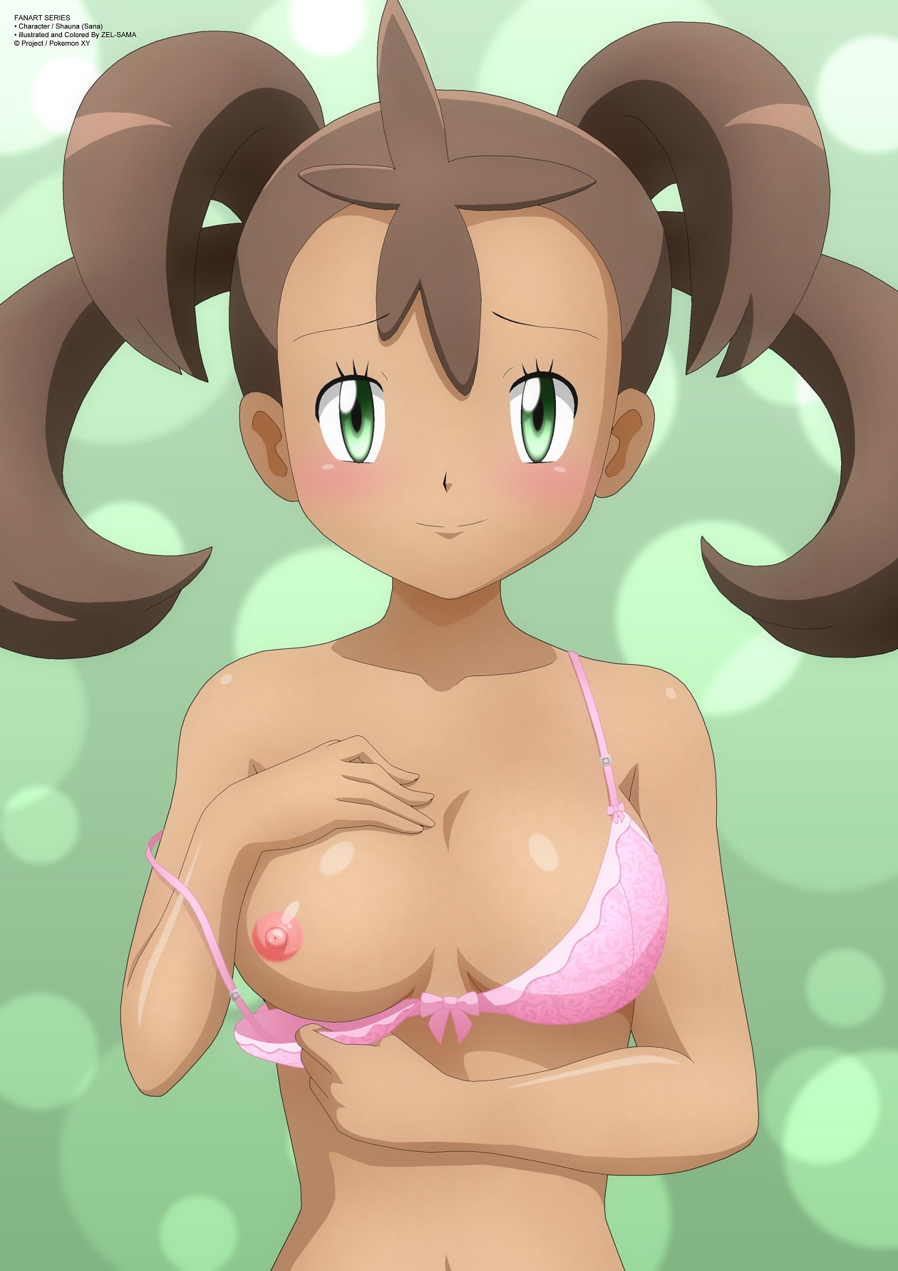 1girls, areola, bare shoulders, belly, blush, bra, breasts, brown hair, brown-haired female, cleavage, dark skin, dark-skinned female, eyelashes, female, female only, green background, green eyes, human, human only, long hair, looking at viewer, navel, nintendo, nipples, one breast out, pink bra, pokemon, pokemon xy, ribbons, shauna (pokemon), smile, solo, text, thin waist, twintails, undressing, watermark, zel-sama