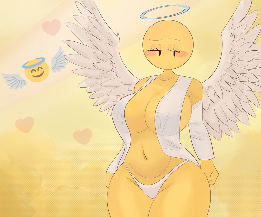angel angel_wings breasts emoji emoji_(race) gigantic_breasts half_naked halo holy kek_doktor no_mouth yellow_body