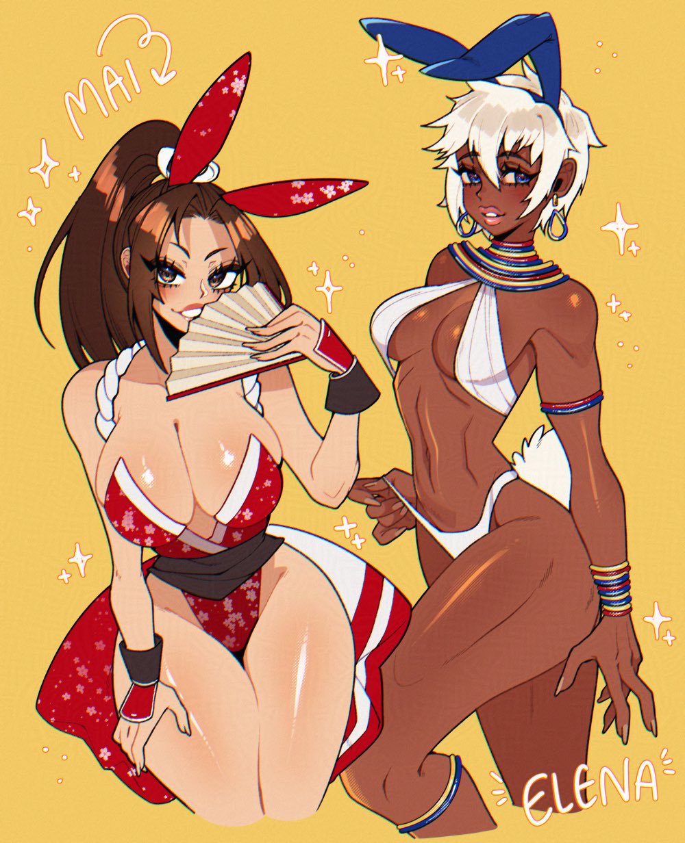 2girls african african_female big_breasts blue_eyes brown_eyes brown_hair bunny_ears bunny_tail capcom crossover crystalsugarstars dark-skinned_female dark_skin elena_(street_fighter) fatal_fury female female_only hand_fan king_of_fighters leotard light-skinned_female light_skin long_hair looking_at_viewer mai_shiranui ponytail short_hair smiling smiling_at_viewer snk sparkles street_fighter street_fighter_iii toned toned_female white_hair yellow_background