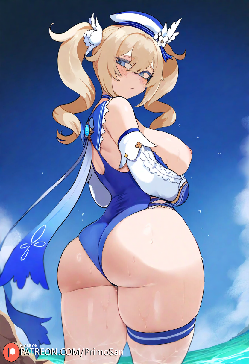 ai generated, ass, ass focus, barbara (genshin impact), barbara (summertime sparkle) (genshin impact), beach, blonde hair, blue eyes, breasts, breasts out, drill hair, embarrassed, female, genshin impact, large ass, large breasts, looking back, nipples, primosan, pussy, pussy juice, standing, swimsuit, twintails