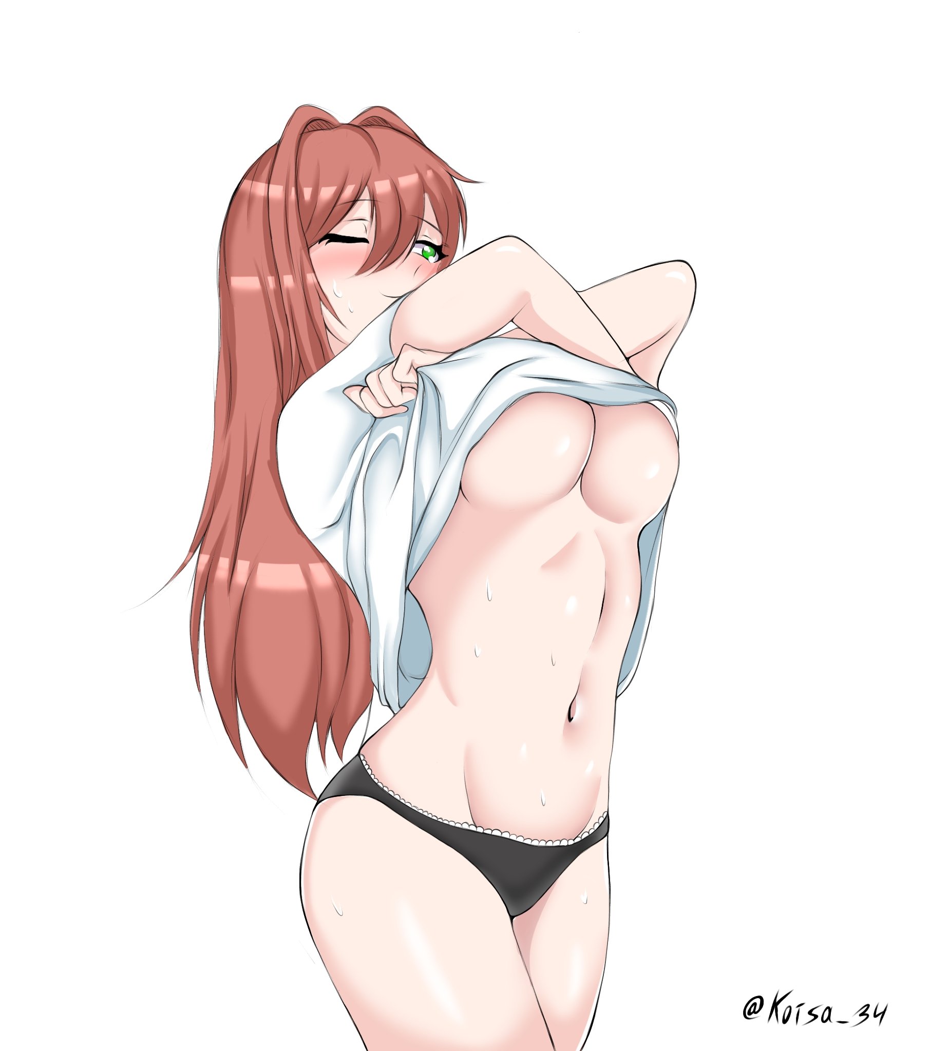 1girls, belly button, black panties, blush, blushing, breasts, brown hair, doki doki literature club, female, female only, green eyes, koisa 34, long hair, monika (doki doki literature club), one eye closed, partially clothed, sweat, sweatdrop, tagme, underboob, underwear, undressing