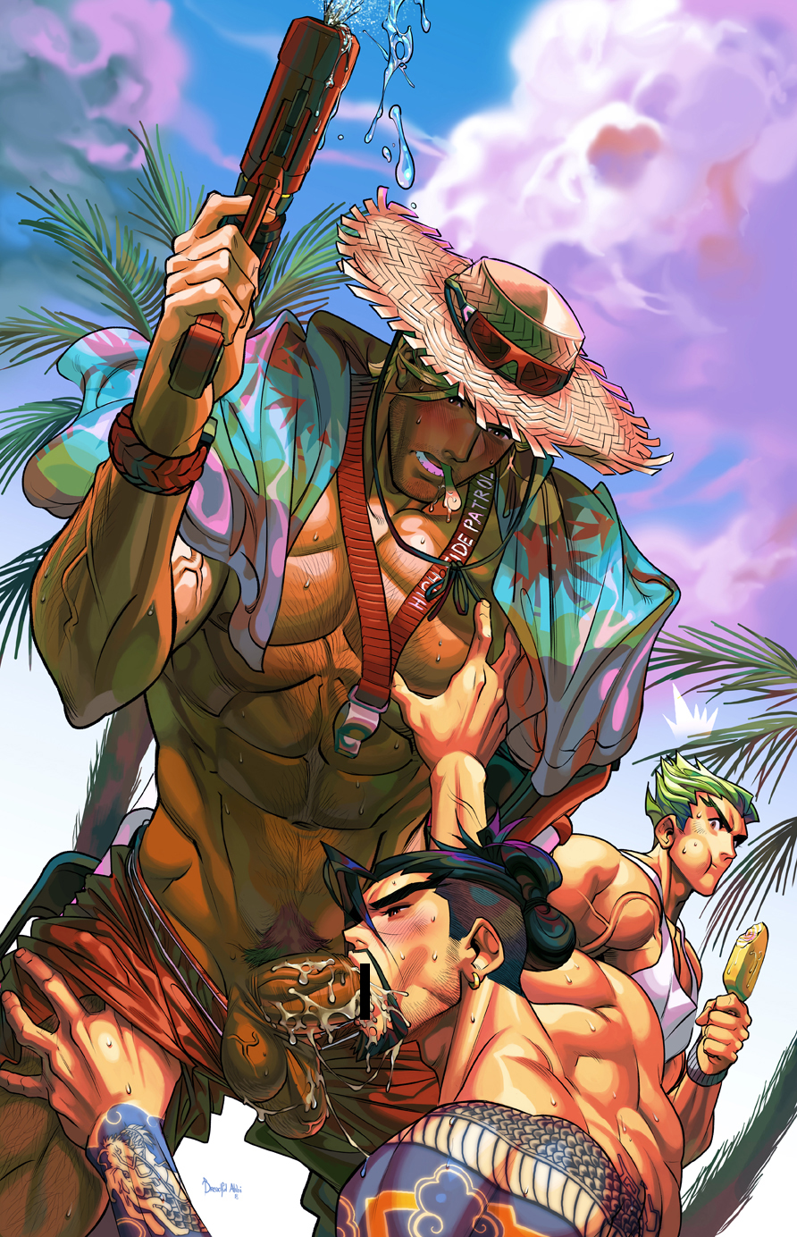 3boys abs arm_tattoo artist_name bar_censor bara beard belt biceps black_eyes black_hair blonde_hair blue_sky blush cassidy_(overwatch) censored chest_hair cloud cloudy_sky cole_cassidy cum cum_in_mouth dreadful_alibi erection facial_hair fellatio food gay genji genji_(overwatch) genji_shimada glasses grabbing green_hair gun hairy hand_on_another&#039;s_thigh hand_on_own_hip hanzo_(overwatch) hanzo_shimada hat highres ice_cream large_pectorals lifeguard lifeguard_cassidy looking_at_viewer male_focus manly multiple_boys muscular muscular_male navel navel_hair nipples nose_blush open_mouth oral outdoors overwatch palm_tree pectoral_grab pectorals penis ponytail prosthesis prosthetic_arm shorts sky straw_hat sunglasses surprised tattoo testicles thick_arms thick_eyebrows tight_clothes topless_male towel towel_around_neck tree veins veiny_arms weapon whistle whistle_around_neck