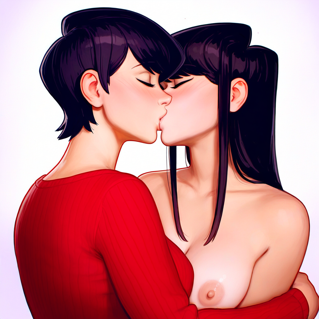 2d 2girls ai_generated closed_eyes clothed clothed_female clothed_male_nude_female dark_hair incest kissing komi-san_wa_komyushou_desu komi_shouko komi_shuuko light-skinned_female mother_and_daughter nude_female ovean sweater yuri