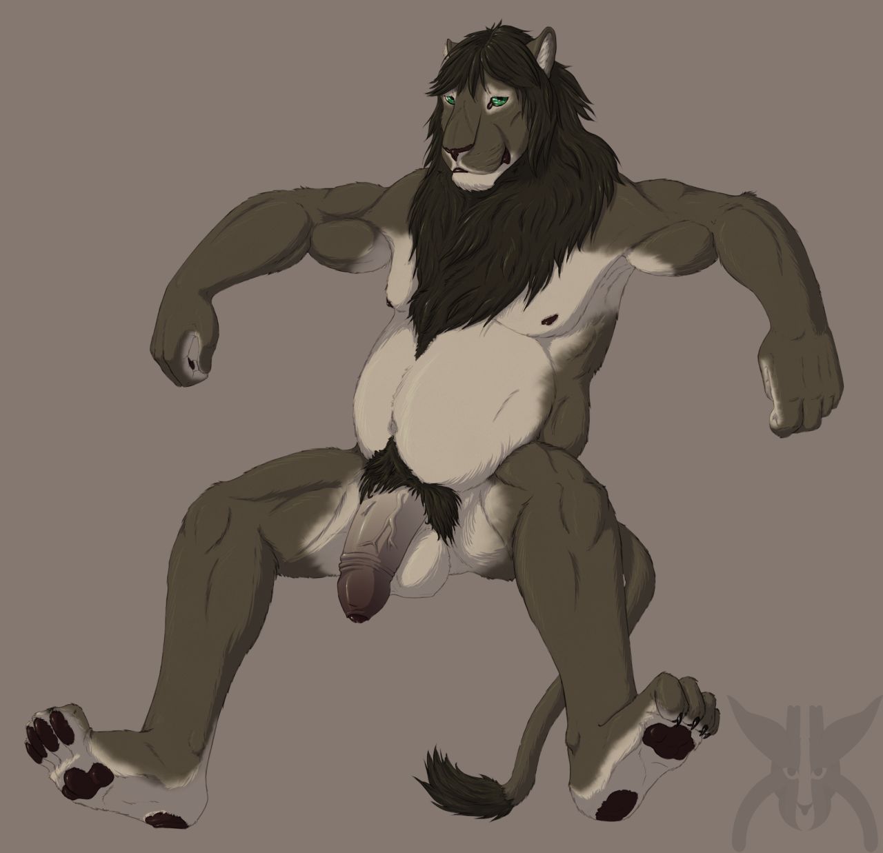 2016 4_toes 5_fingers anthro balls brown_background feline foreskin front_view geix green_eyes half-erect hi_res humanoid_penis kurin lion lounging male male_only mammal navel nipples nude pawpads penis portraits simple_background sitting solo toes uncut