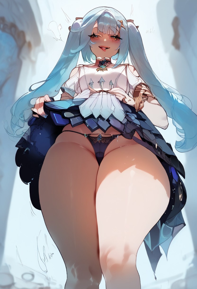 1girls ai_generated black_panties blue_hair faruzan_(genshin_impact) female from_below genshin_impact lifting_skirt long_hair looking_at_viewer solo