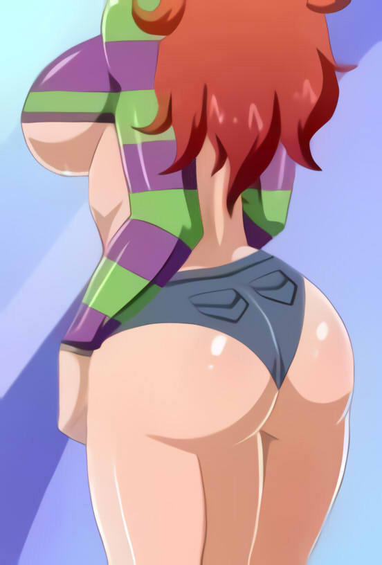 1girls, 4chan, ass, backboob, breasts, clothing, cropped, curvy, denim shorts, faceless female, female, female only, fully clothed, ginger, large ass, large breasts, long hair, long sleeves, messy hair, orange hair, pk-studios, sexually suggestive, shiny clothes, shiny hair, shiny skin, short shorts, shorts, simple background, solo, standing, striped sweater, sweater, sweater lift, thick thighs, tight clothing, underboob, vivian james, waifu2x, wide hips