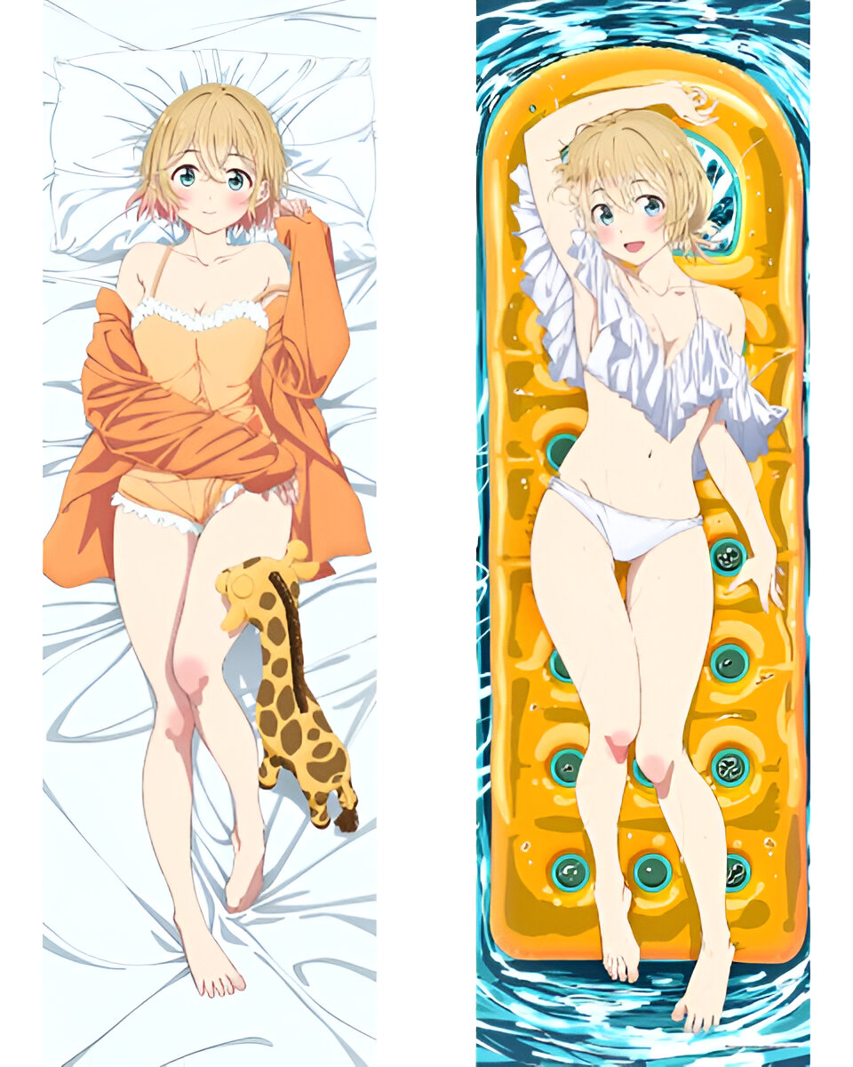 arm_up armpits ass_visible_through_thighs bare_arms bare_belly bare_legs bare_shoulders bare_thighs barefoot bed_sheet belly_button bikini blonde_hair blue_eyes blush breasts cleavage collarbone dakimakura dakimakura_design feet kanojo_okarishimasu knee_blush medium_breasts mouth_closed nanami_mami night_gown official_art open_mouth panties pillow pool shirt smile strap_slip thighs toes water white_bikini