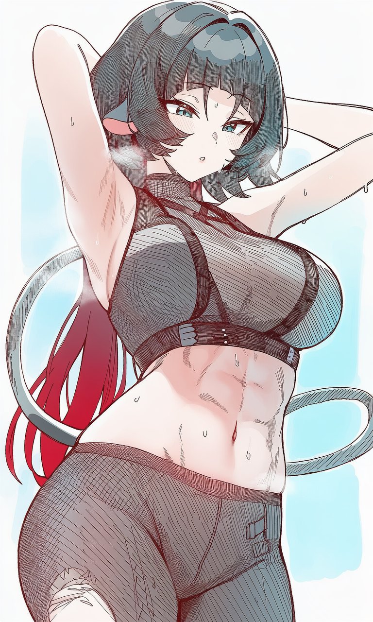 1girls, 2025, abs, ai generated, arms behind head, bare shoulders, black hair, black pants, black shirt, cleavage, commentary, crop top, female only, gradient hair, green eyes, highres, jane doe (zenless zone zero), jeje box, large breasts, low ponytail, midriff, parted lips, red hair, see-through clothing, simple background, solo female, standing, sweat, tail, toned female, torn clothes, zenless zone zero