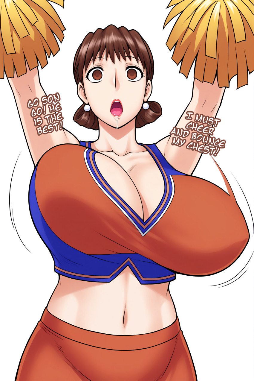 bouncing_breasts brown_hair cheerleader cleavage drool empty_eyes expressionless femsub huge_breasts ichijou_reiko_(jinsukeya) jinsukeya milf mind_control