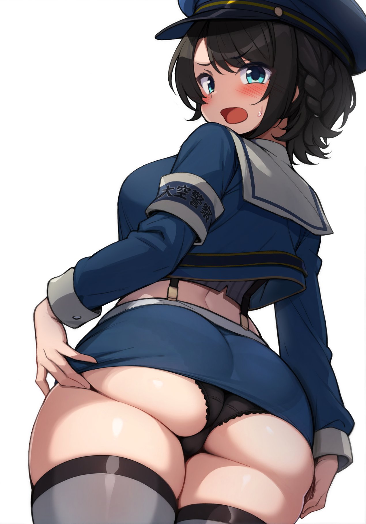 ass black_hair black_panties blue_eyes blue_shirt blue_skirt blush breasts cowboy_shot female female_only hat highres hololive hololive_gen_2 hololive_japan huge_ass light_frown long_sleeves looking_at_viewer midriff miniskirt official_alternate_costume oozora_subaru oozora_subaru_(casual) open_mouth panties pantyshot pantyshot_(standing) pencil_skirt police police_hat police_uniform policewoman revealing_clothes sailor_collar sakanaya_(sakanaya952) shirt shirt_under_shirt short_hair skimpy_clothes skindentation skirt solo stockings thick_thighs thighhighs thighs underwear uniform upskirt virtual_youtuber white_background