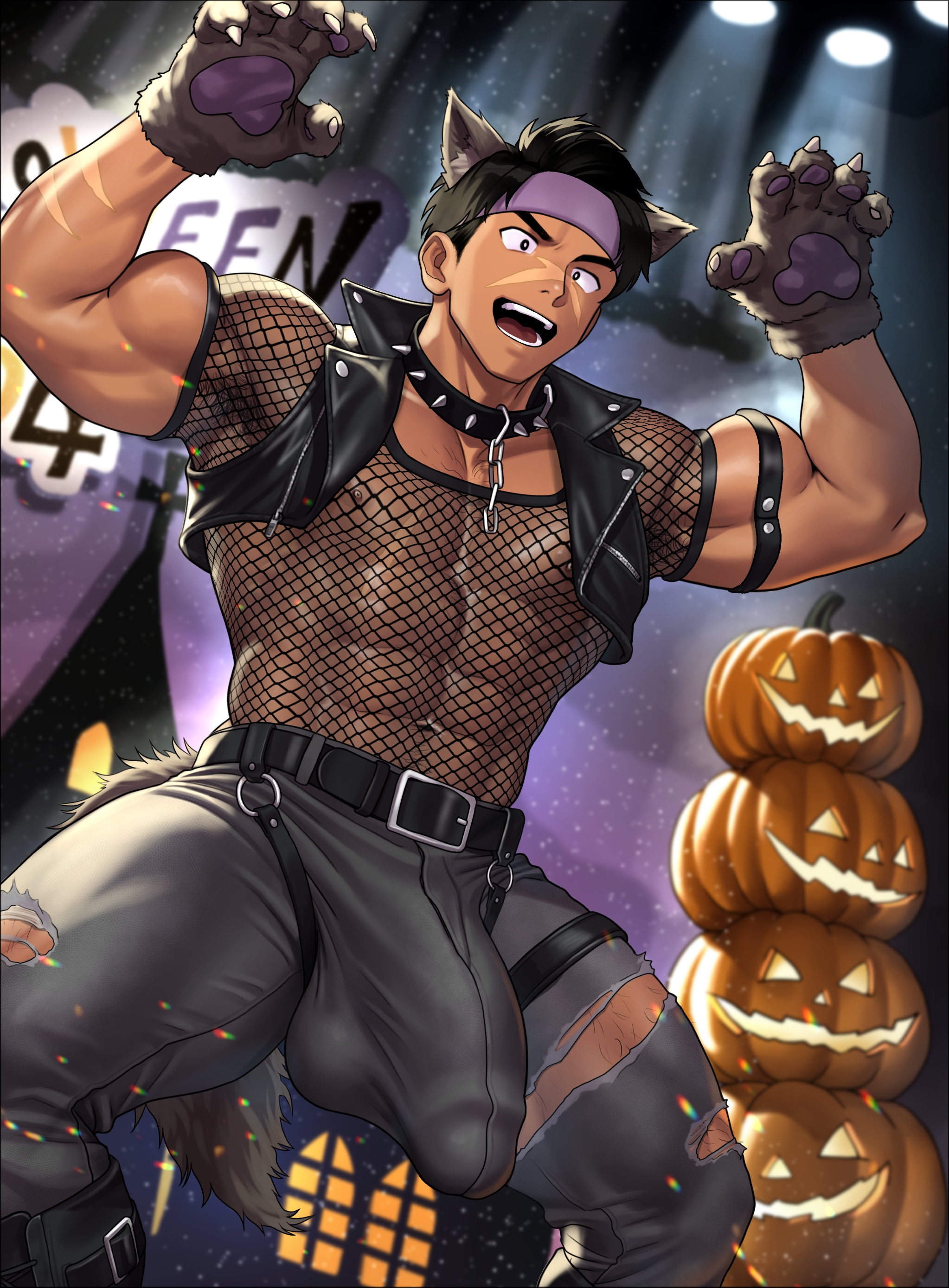 2024, abs, balls, bara, biceps, big bulge, big penis, black hair, blush, bodybuilder, bulge, flaccid, halloween, halloween costume, highres, huge balls, huge cock, kuromine hiraya, legs apart, male, male focus, male only, muscles, muscular, muscular arms, muscular legs, muscular male, muscular thighs, nipples, pecs, penis, solo, solo male, testicles, thick thighs, veins, wolf ears, wolf tail, yaoi, yuatari