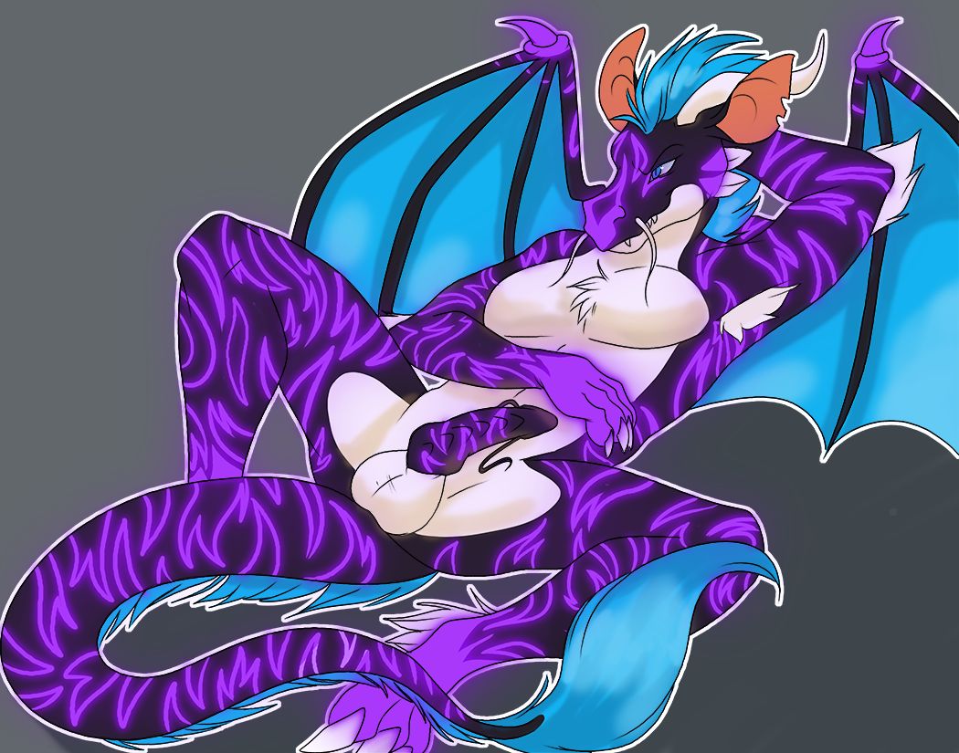 anthro armpit_hair balls barbels bioluminescence blerbles_(artist) claws dragon eastern erection fur glowing hand_behind_head horn hybrid knot male markings monahven_(character) penis purple_fur reclining teeth tribal_markings unusual_penis western wings