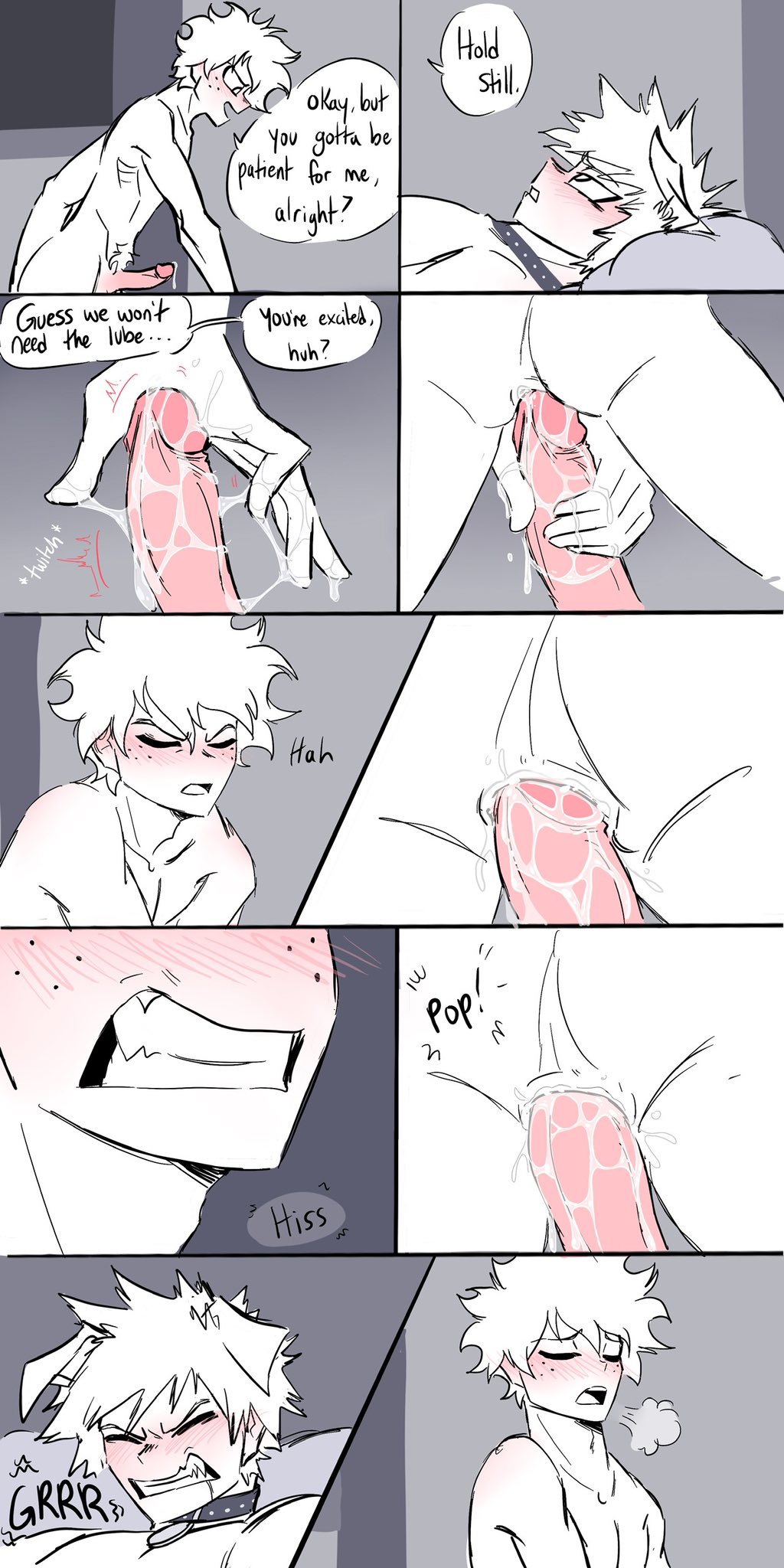 1:2 anal anal_sex animal_humanoid anus ass blush canid canid_humanoid canine canine_humanoid collar comic dog_humanoid duo english_text fangs frown growling hi_res human humanoid izuku_midoriya katsuki_bakugou male male/male mammal mammal_humanoid my_hero_academia penetration penile penile_penetration penis_in_ass pretty_werewolf pubes teeth text