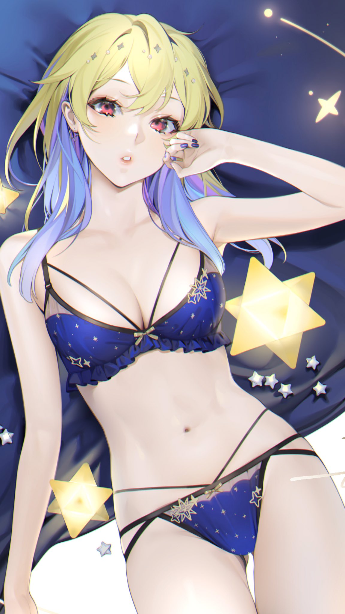 1girls blonde_hair blue_bra blue_hair blue_lingerie blue_panties bra breasts earrings higher_resolution_available large_breasts lingerie long_hair looking_at_viewer midriff multicolored_hair navel ohisashiburi original painted_fingernails panties red_eyes star_earrings stars yuson_(ohisashiburi)