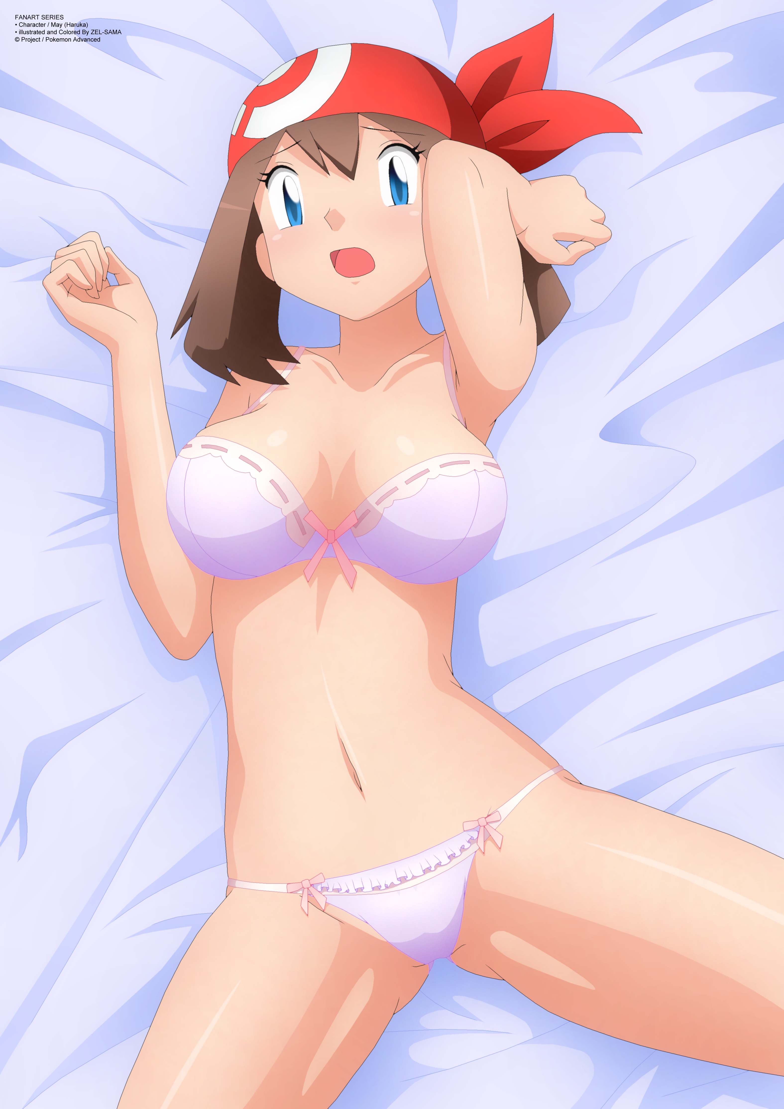 1girls, armpits, bandana, bed, belly, blue background, blue eyes, blush, bra, breasts, brown hair, brown-haired female, cleavage, clothed, female, female only, human, human only, looking at viewer, may (pokemon), navel, nintendo, open mouth, panties, pink bra, pink panties, pokemon, pokemon rse, ribbons, short hair, solo, source request, spread legs, text, thin waist, tongue, underwear, watermark, wide hips, zel-sama