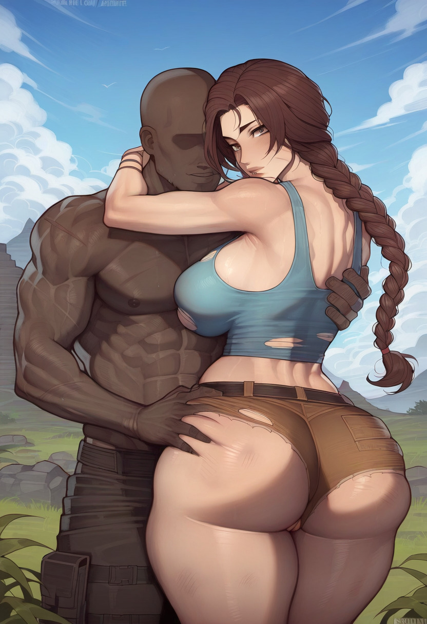 1boy, 1girls, ai generated, ass, bald, big ass, big breasts, big butt, big nipples, big thighs, bimbo, blush, braid, breasts, brown eyes, brown hair, dark skin, dark-skinned male, faceless male, female, female focus, groping, groping ass, groping from behind, huge ass, huge breasts, huge butt, huge nipples, huge thighs, lara croft, lara croft (classic), male, muscular, muscular male, pussy, thick thighs, thighs, tomb raider, wanuze, wide hips