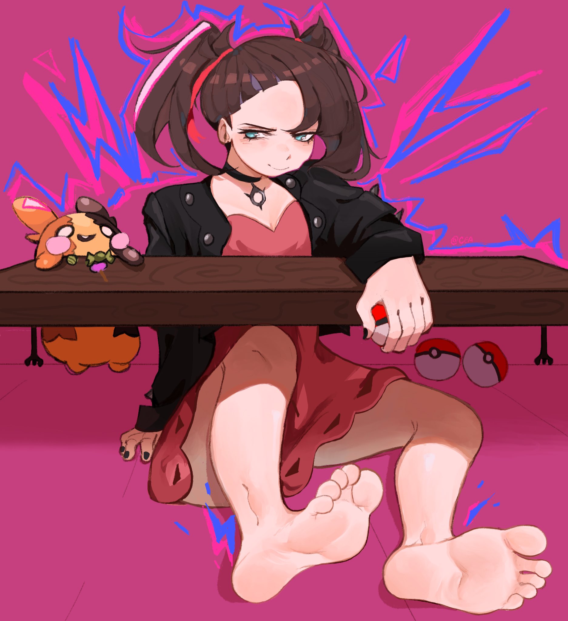 brown hair, clothing, commission, cyadraws, feet, feet focus, female, female focus, female only, foot fetish, marnie (pokemon), morpeko, pokemon, pokemon (species), short hair