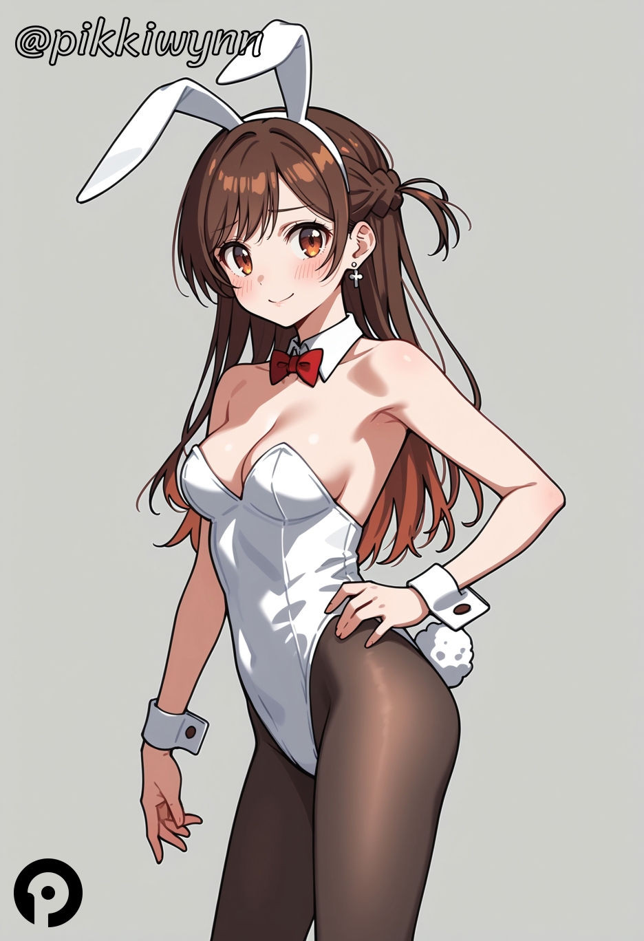 ai_generated animal_ears black_pantyhose blush bow bowtie braid breasts brown_eyes brown_hair cleavage cowboy_shot detached_collar earrings fake_animal_ears female grey_background hand_on_hip jewelry kanojo_okarishimasu leotard long_hair looking_at_viewer medium_breasts mizuhara_chizuru one_side_up pantyhose pikkiwynn playboy_bunny rabbit_ears rabbit_tail red_bow red_bowtie simple_background smile solo strapless strapless_leotard tail white_leotard wrist_cuffs