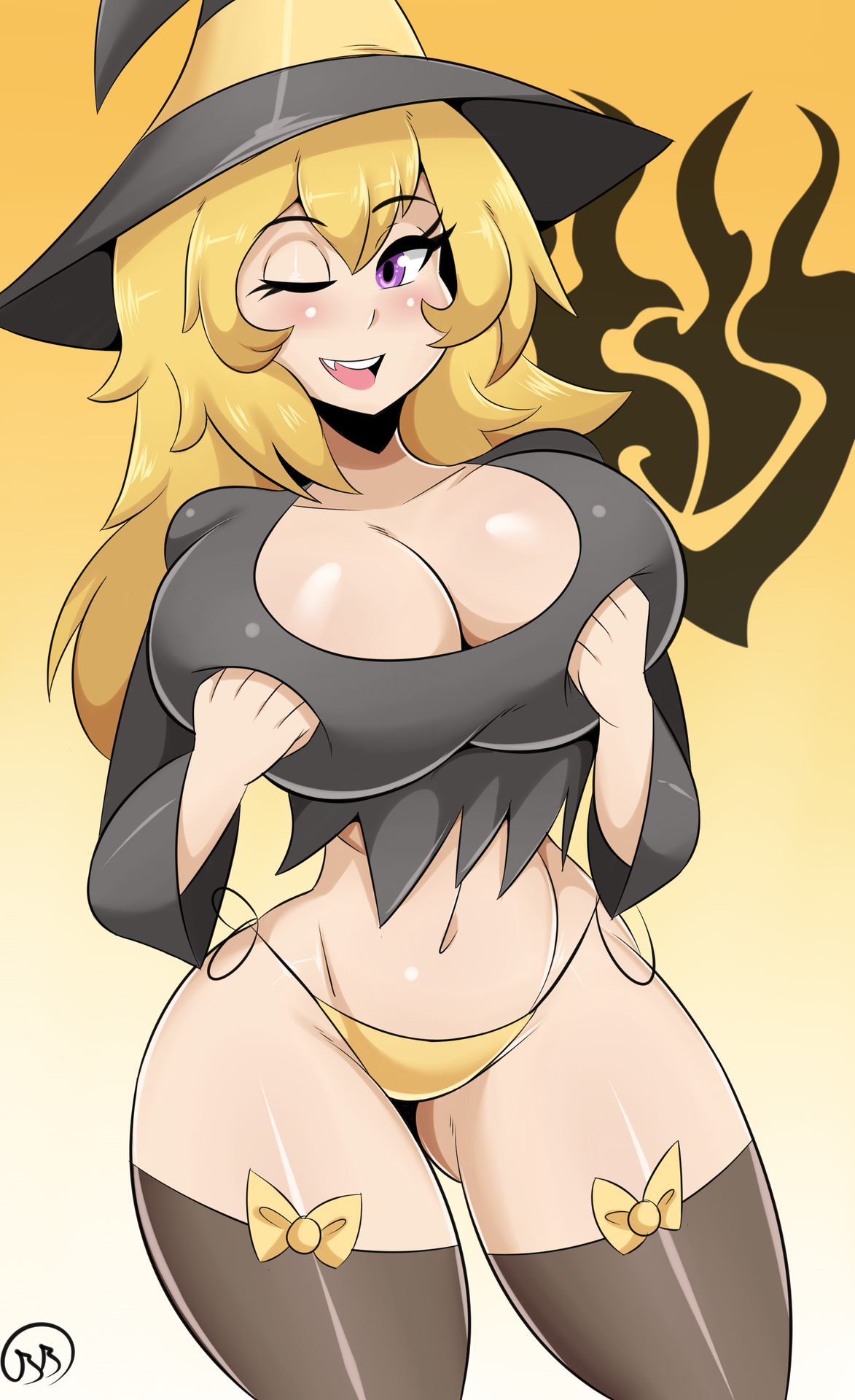1girls, ass, belly, big ass, big breasts, big butt, blonde hair, blush, bmayneart, breast focus, breast grab, breasts, busty, cleavage, eyelashes, female, female only, half-closed eyes, hat, holding, huge breasts, human, large breasts, long hair, looking at viewer, midriff, navel, one eye closed, open mouth, purple eyes, ribbon, ribbons, rwby, shirt, side-tie panties, smile, standing, teenager, teeth, text, thick thighs, thighhighs, tongue, watermark, wide hips, wink, witch hat, yang xiao long, yellow background, yellow panties