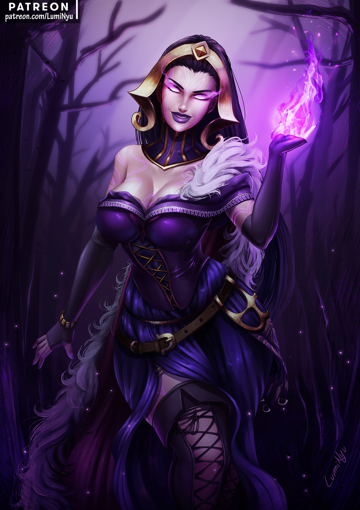 1girls, 2018, artist name, black hair, breasts, cleavage, clothed, clothes, clothing, dress, female, female only, fire, forest, fur, glowing eyes, gold, headgear, large breasts, light skin, light-skinned female, liliana vess, lips, long hair, luminyu, magic, magic the gathering, makeup, open eyes, ornament, pale skin, pale-skinned female, pinup, purple eyes, purple lipstick, solo, solo focus, tattoo, thighs, very long hair, wide hips