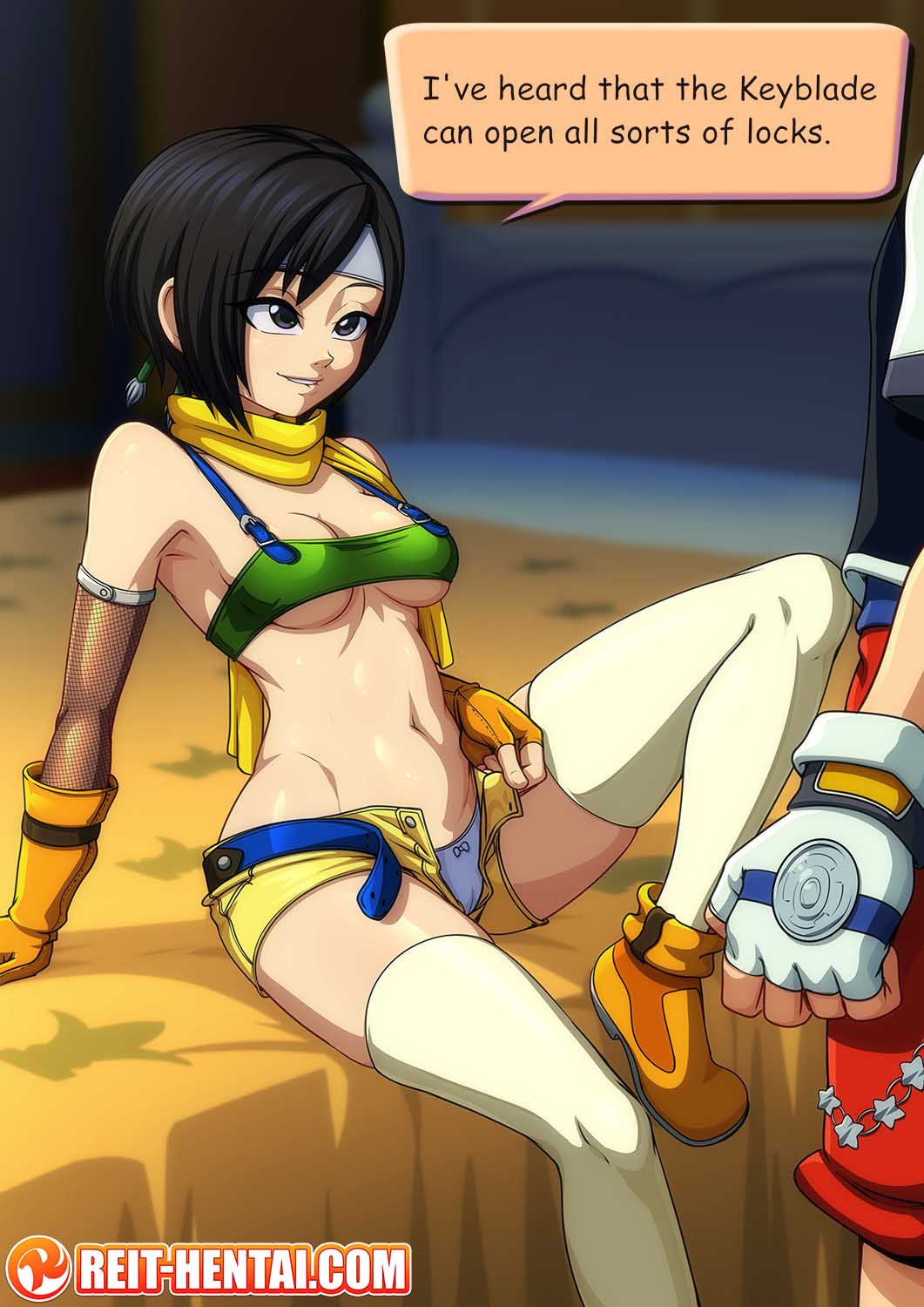 1boy 1girls bedroom black_hair brown_eyes cleavage english english_text female final_fantasy final_fantasy_vii kingdom_hearts panties reit revealing_clothes short_hair skimpy_clothes small_clothes sora stockings tagme text text_bubble underboob undressing watermark yuffie_kisaragi