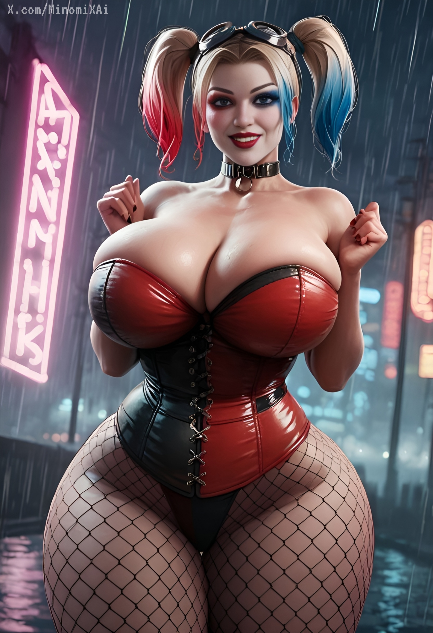 1girls, ai assisted, ai generated, bare shoulders, blonde hair, breasts, cleavage, clothed, collar, corset, curvy, curvy figure, dc, dc comics, fat, female, fishnets, goggles on head, harley quinn, huge breasts, lipstick, makeup, multicolored hair, nail polish, neon lights, outdoors, rain, solo, solo focus, thick thighs, thighs, tight clothing, twintails, wide hips