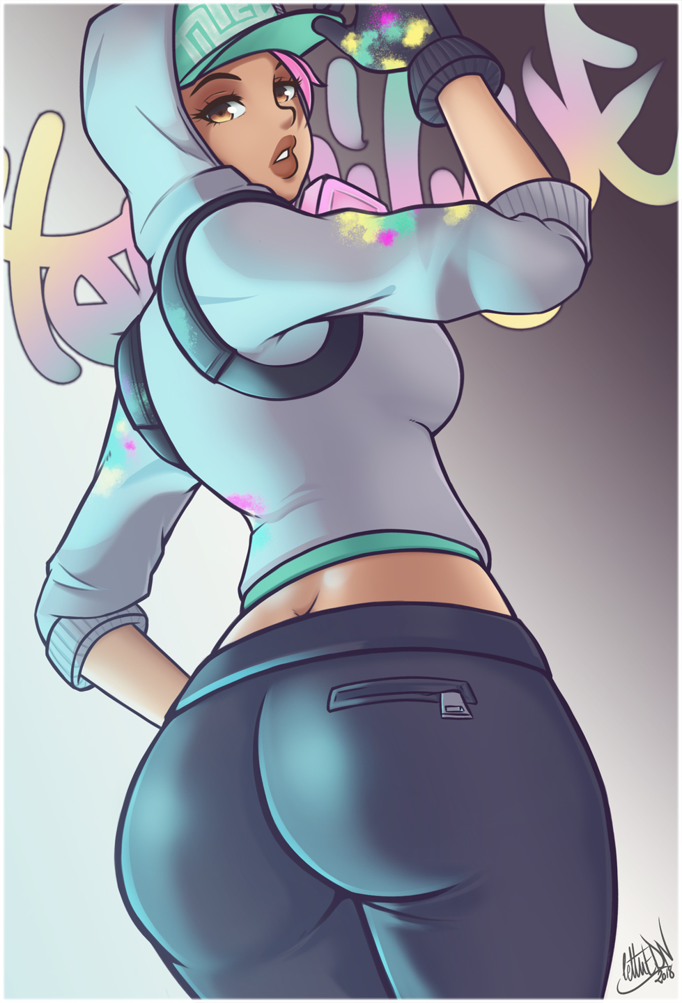 2018 adjusting_hat ass back_view baseball_cap big_ass big_lips breasts brown_eyes butt butt_crack character_name clothed dark-skinned_female dark_skin dat_ass dated english_text female female_only fortnite gloves gradient_background graffiti hand_on_hip hat highres hood hoodie human lettuedn looking_at_viewer looking_back paint_splatter petite pink_hair seductive_look sideboob signature solo teknique text viewed_from_below