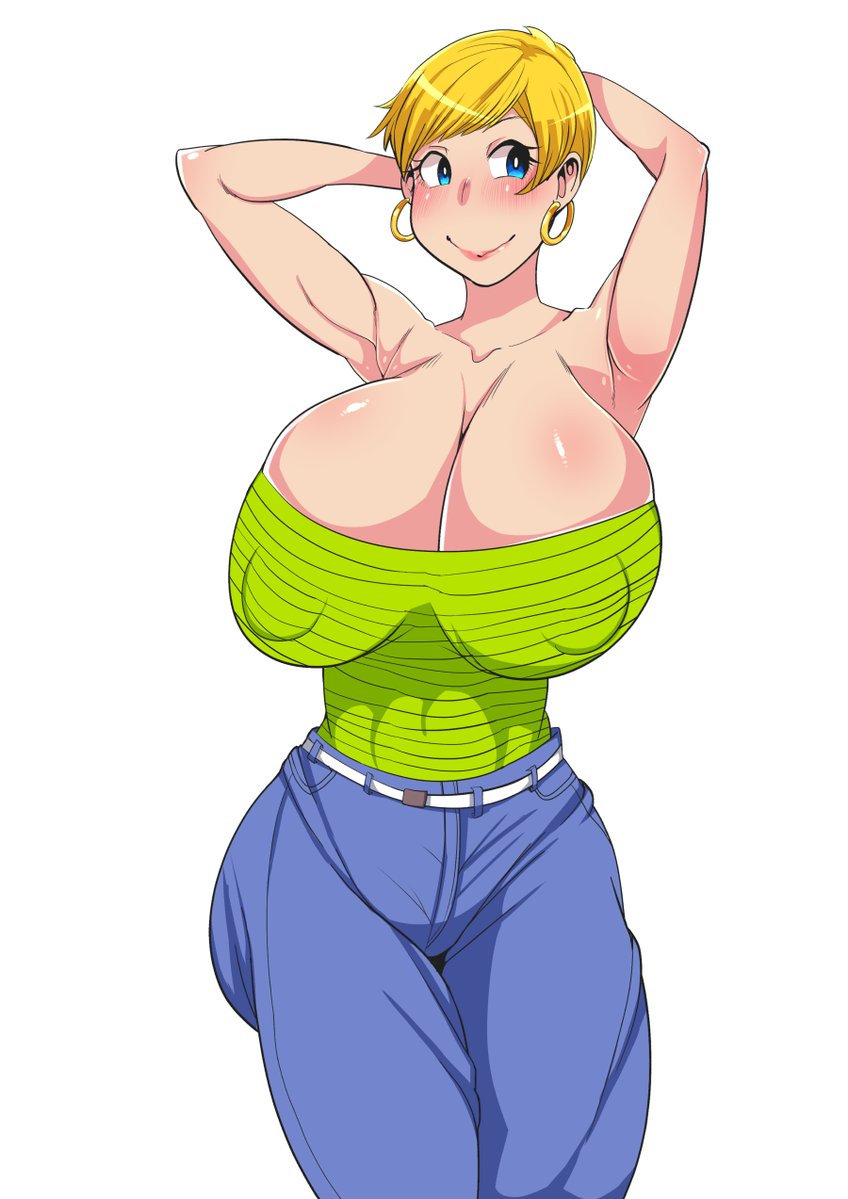1girls, armpits, ass, blonde hair, blue eyes, blush, breasts, cleavage, clothed, curvy, dragon ball, dragon ball z, earrings, erasa, erect nipples, female, female only, gigantic breasts, hands behind head, huge areolae, human, large ass, lipstick, looking away, nipples, niwatora, pants, puffy nipples, shirt, short hair, smile, tank top, thick thighs, voluptuous, wide hips