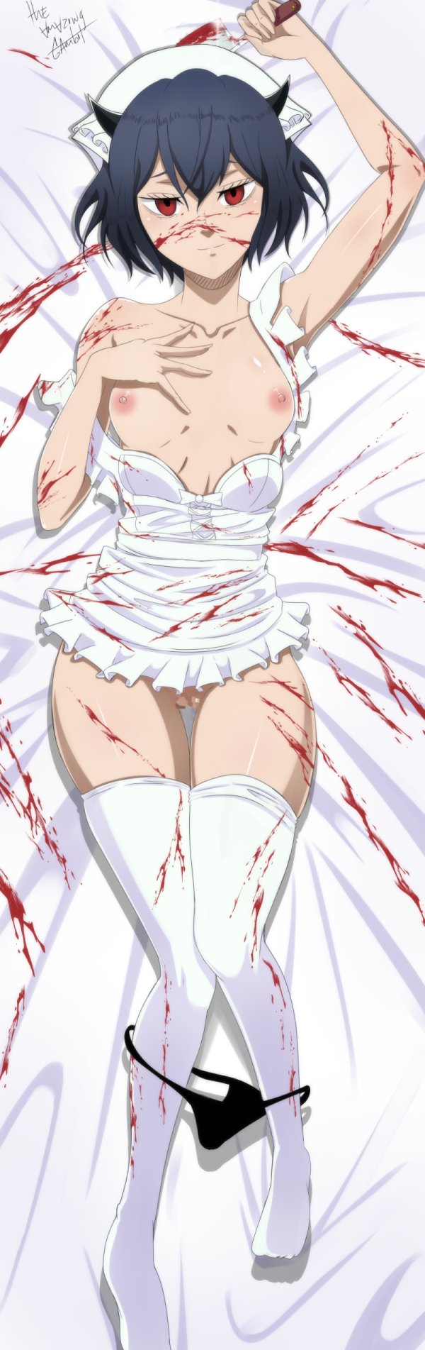 black clover, black hair, blood, breasts, dress, female, knife, looking at viewer, lying on back, lying on bed, panties down, pantyhose, pussy, red eyes, secre swallowtail, short hair, small breasts, smile, the amazing gambit, wide hips, wide thighs