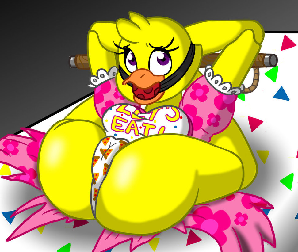 ball gag, bondage, bound, chica (fnaf), female, five nights at freddy's, gag, gagged, panties, pizza, pussy, red ball gag, solo