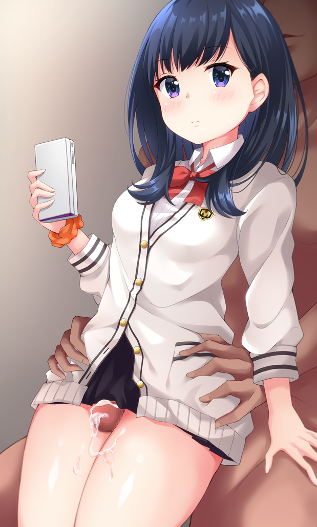 1boy age_difference between_legs between_thighs blush breasts cardigan censored clothed_female_nude_male cum female grinding looking_at_viewer maccha nude phone school_uniform scrunchie skirt solo_focus ssss.gridman straight takarada_rikka thigh_sex thighs torso_grab