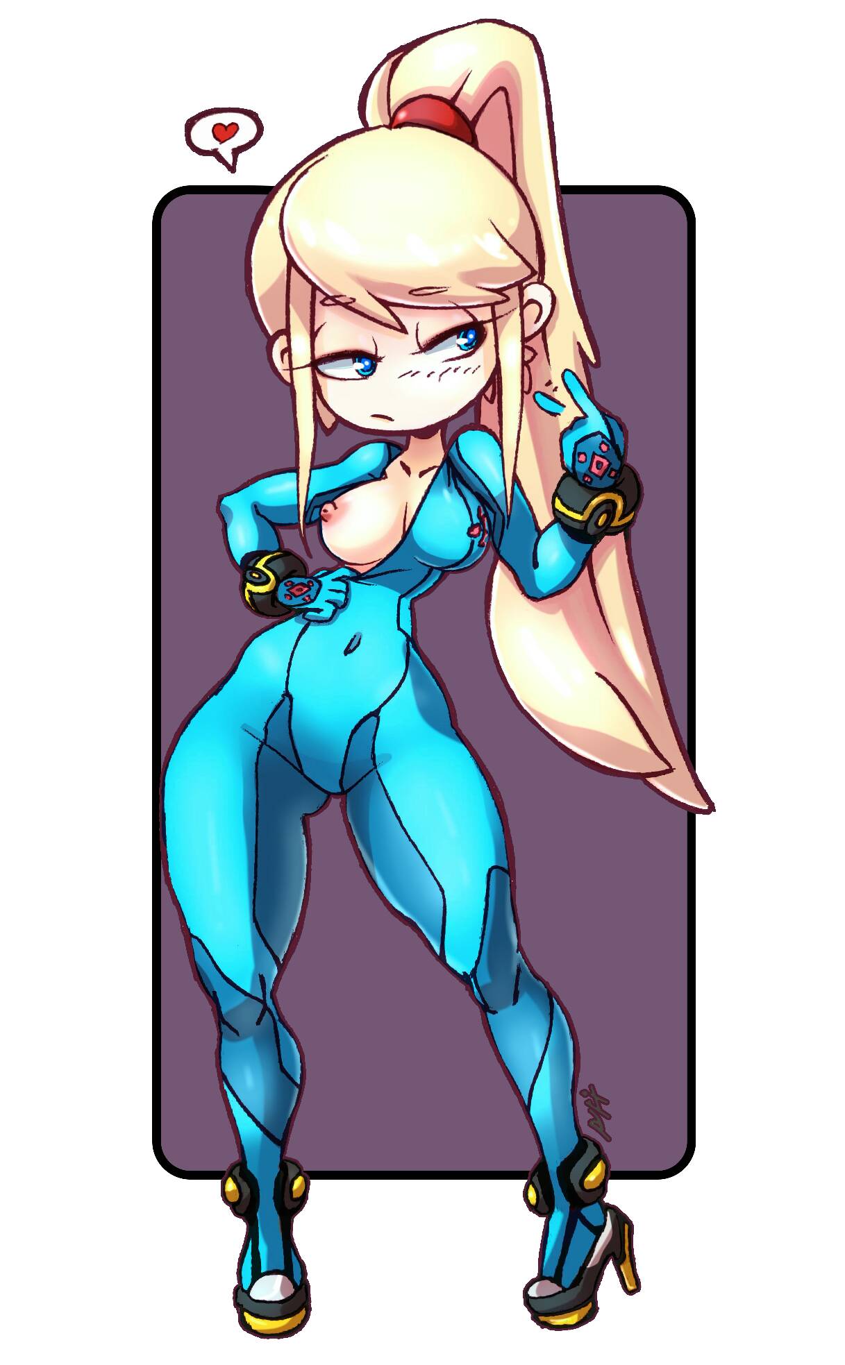 blonde_hair blue_eyes blush bodysuit bracelet breasts come_hither covered_navel elquijote eyebrows_visible_through_hair female flashing heart high_heels highres index_finger_raised inviting long_hair looking_to_the_side metroid nintendo nipples one_breast_out ponytail rocket_heels samus_aran sidelocks solo very_long_hair wide_hips zero_suit zero_suit_samus