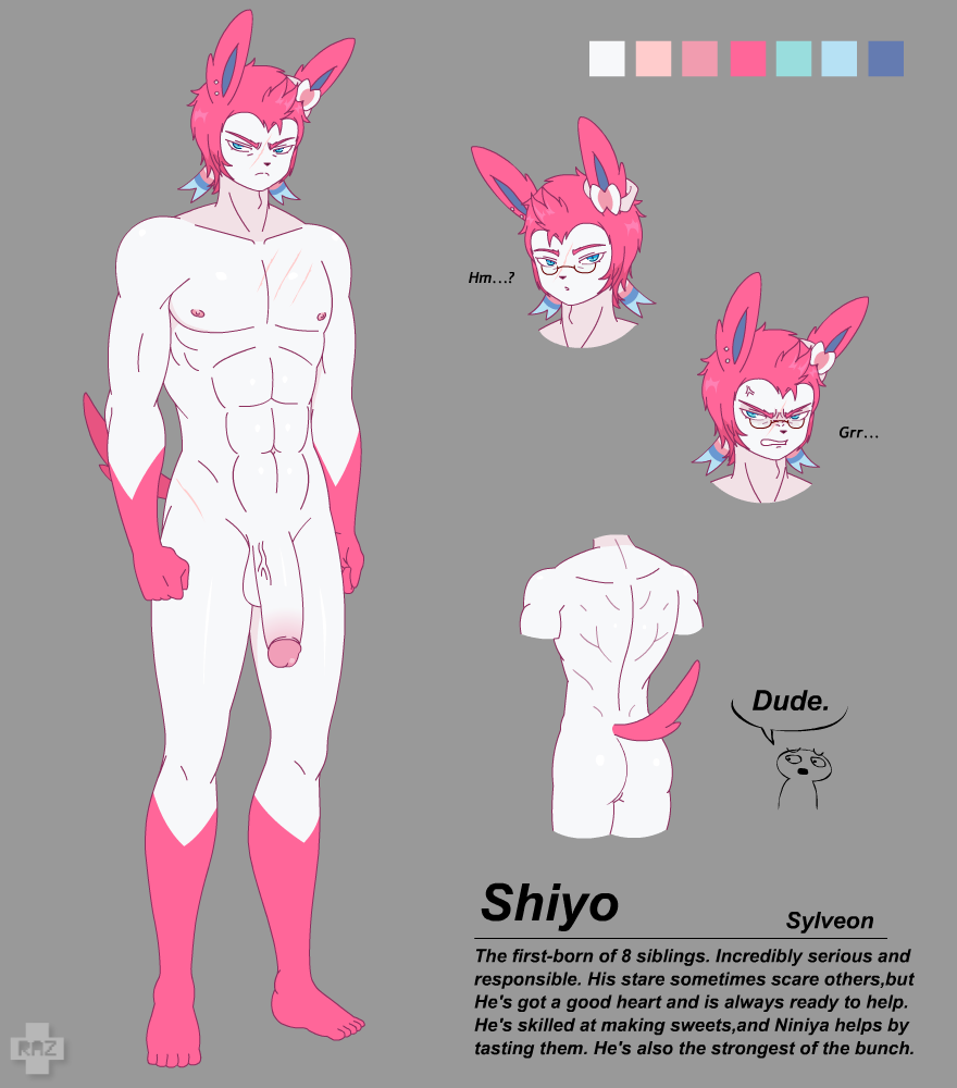 1boy abs big_penis blue_eyes eeveelution eyewear feet furry glasses hair male male_only model_sheet nintendo original_character penis pink_fur pink_hair pokémon_(species) pokemon pokemon_(species) pokemon_xy pokemorph razplus scar simple_background solo sylveon text toes veins veiny_penis video_games watermark