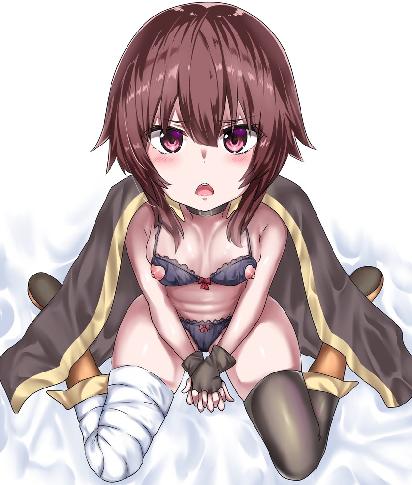 bandaged_leg bandages bed_sheet between_legs black_bra black_gloves black_legwear black_panties blush boots bra breasts brown_hair cape choker female fingerless_gloves gloves hand_between_legs hands_between_legs hands_together highres interlocked_fingers kneeling kono_subarashii_sekai_ni_shukufuku_wo! kukkumann looking_at_viewer megumin nipple_cutout nippleless_bra nippleless_clothes nipples no_hat no_headwear open_mouth panties red_eyes short_hair single_thighhigh sitting small_breasts solo thighhighs underwear wariza