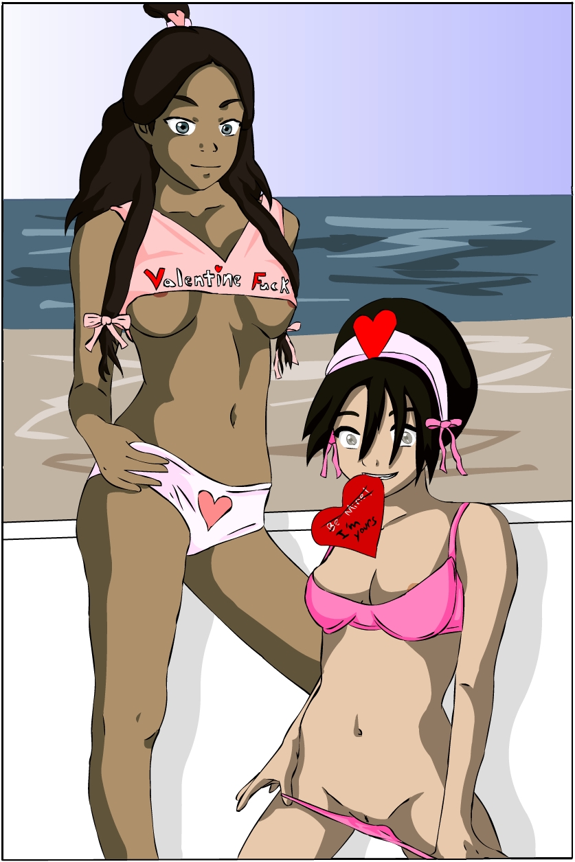 2girls avatar_legends avatar_the_last_airbender bra chocolate_and_vanilla clothing dark-skinned_female dark_skin earth_kingdom english_text female female_only human interracial katara multiple_females multiple_girls panties small_breasts straight_hair text toph_bei_fong ty5550 water_tribe