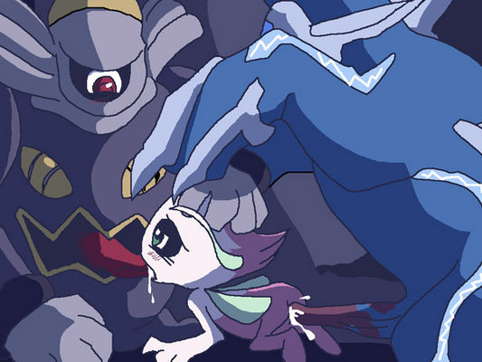 anal anal_sex anthro celebi defeat dialga dusknoir fellatio green_eyes irene oral penis pokemon pokemon_(species) pokemon_mystery_dungeon red_eyes submission