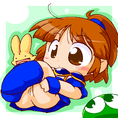 arle_nadja brown_hair bunny_ears carbuncle_(puyo_puyo) chibi compile green_puyo madou_monogatari no_panties ponytail puyo_(puyopuyo) puyo_puyo puyo_puyo_fever sega yellow_eyes