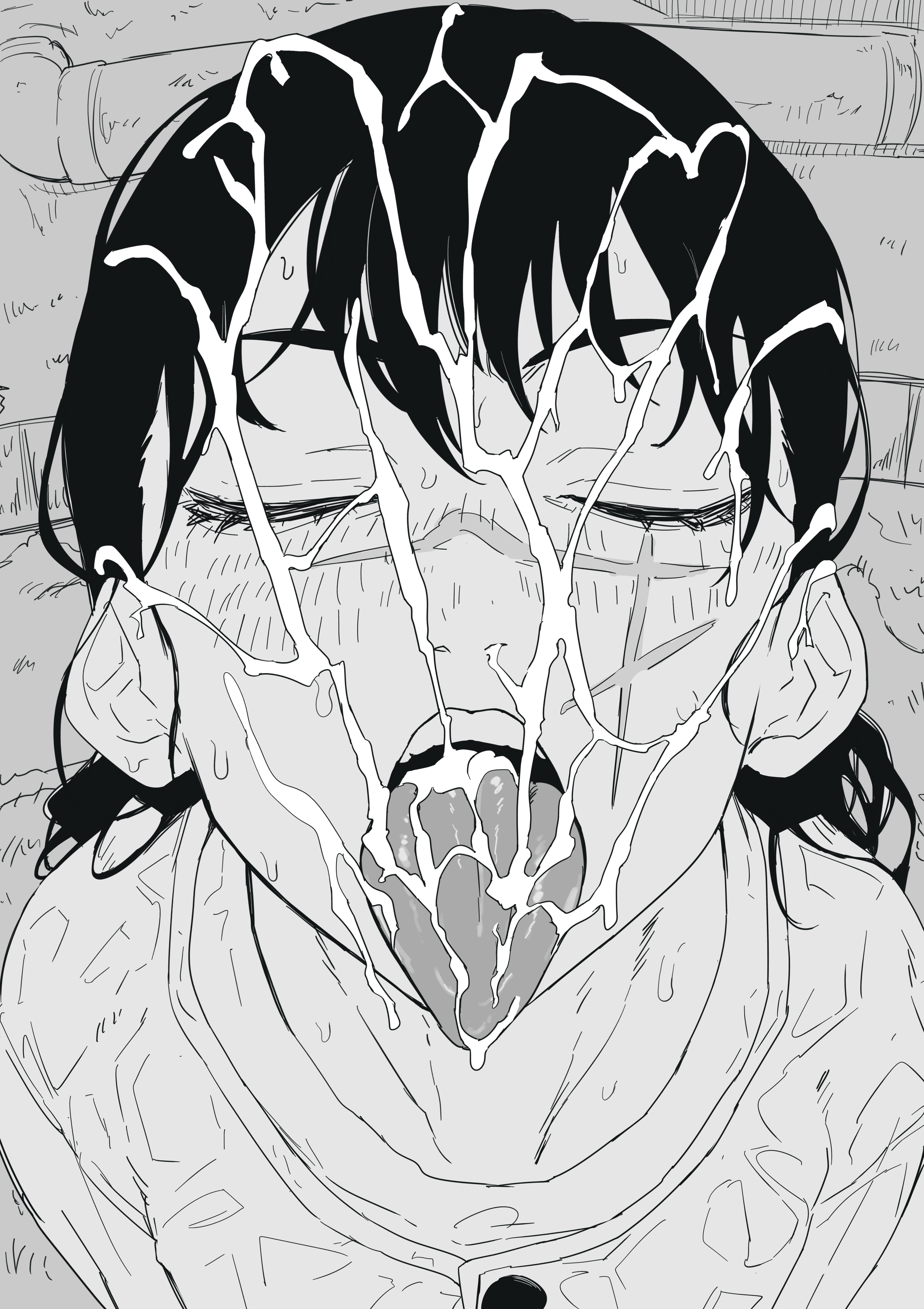 :>=, 1boy, 1girls, censored, chainsaw man, closed eyes, comic, cum, cum in mouth, cum on face, denji (chainsaw man), earrings, facial, female, gokkun, greyscale, highres, licking, licking penis, male, mitaka asa, mole, mole under eye, monochrome, nuezou, oral, penis, school uniform, short hair, swallowing, veins, veiny penis, yoru (chainsaw man)