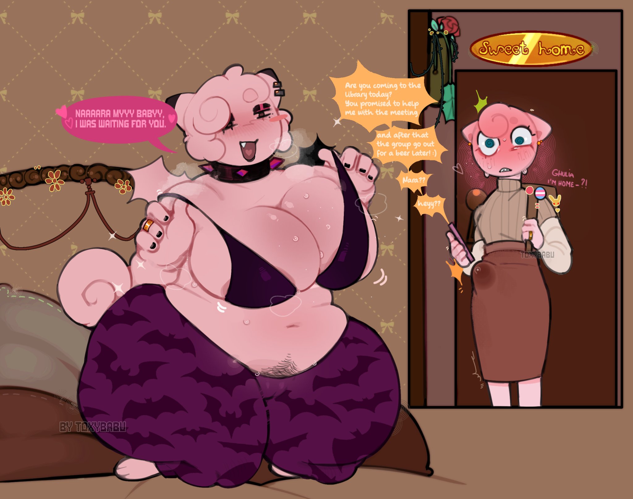 1transfem, artist name, bra, chubby, chubby female, clefable, clefairy, english text, female, generation 1 pokemon, ghulia (sstupidcat), happy trail, leaking precum, leaking through clothing, nara (toxybabu), partially clothed, partially nude, pokemon, pokemon (species), precum, pubic hair, sitting on bed, size difference, spiked collar, text, thick thighs, toxybabu, trans woman, trans woman (lore), transfem