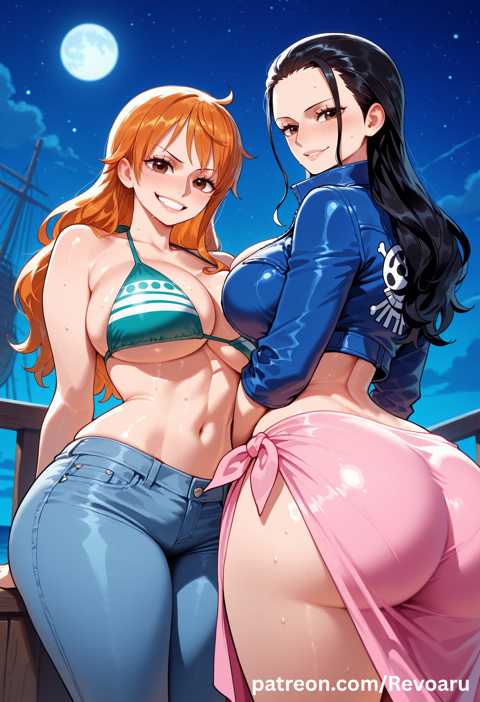 2girls, abs, ai generated, big breasts, black hair, black-haired female, breasts, duo, duo focus, female, female only, mature, mature female, multiple girls, nami (one piece), nico robin, one piece, orange hair, orange-haired female, quality, revoaru, thick thighs, thighs