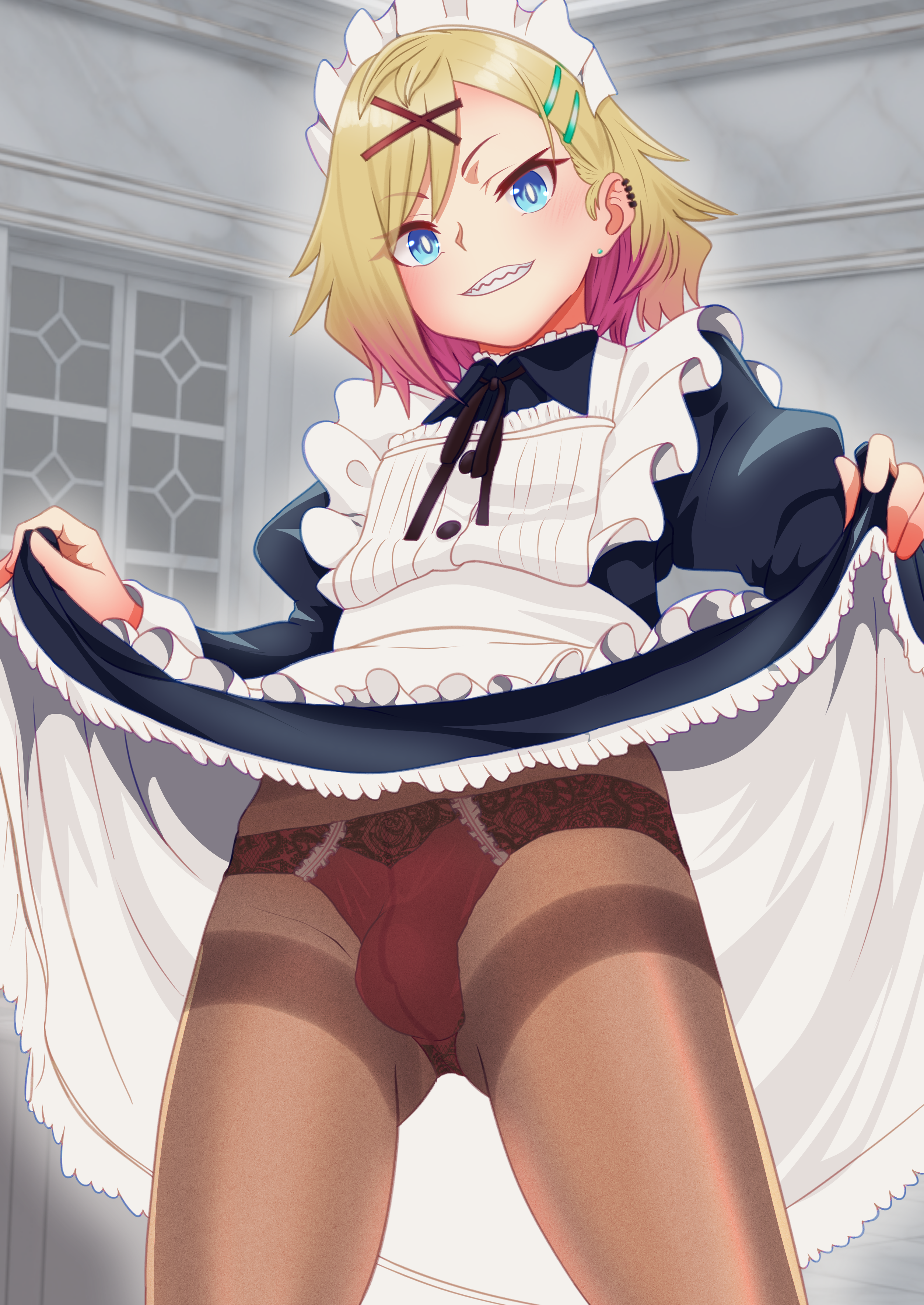 1boy, aaa54368037, blonde hair, blue eyes, bratty femboy, bulge, crossdressing, ear piercing, femboy, grinning at viewer, lacy panties, lifting skirt, looking at viewer, maid, maid uniform, male, otoko no ko, panties under pantyhose, pantyhose, red panties, sharp teeth, trap, two-tone hair