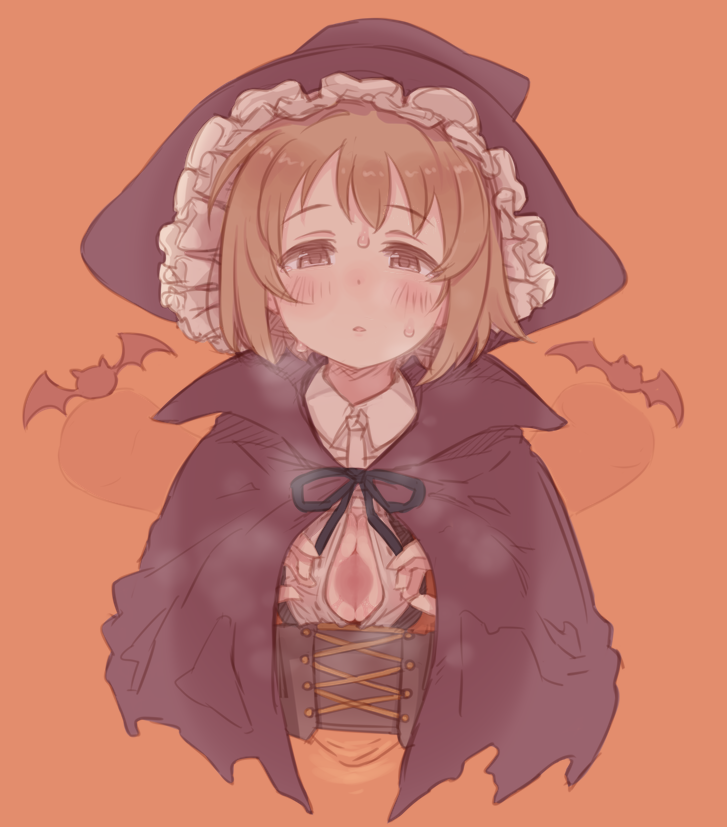 7010 black_cloak blush breasts breath brown_eyes brown_hair button_gap cleavage cloak commentary_request eyebrows_visible_through_hair fangs female halloween halloween_costume hat idolmaster idolmaster_cinderella_girls invisible_penis looking_at_viewer medium_breasts mimura_kanako orange_background paizuri perpendicular_paizuri shirt short_hair simple_background small_breasts solo_focus sweat upper_body white_shirt witch_hat