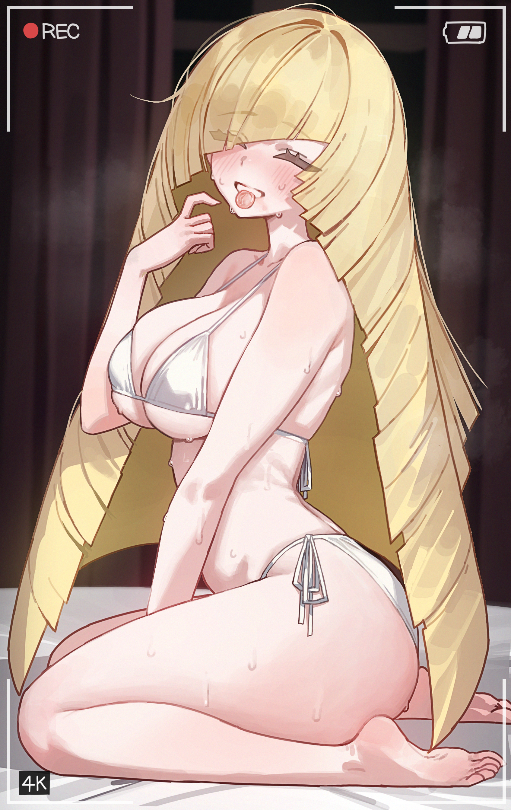 1girls, alternate version available, barefoot, big breasts, bikini, bikini bottom, bikini top, blonde hair, blush, bottomwear, breasts, camera hud, camera view, cleavage, closed eyes, condom, condom in mouth, feet, female, female only, game freak, long hair, lusamine (pokemon), mature, mature female, mature woman, milf, mochirong, mother, object in mouth, on knees, pokemon, pokemon sm, side view, sideboob, smile, solo, solo female, steam, steamy breath, sweat, sweatdrop, sweaty, swimwear, topwear, white bikini