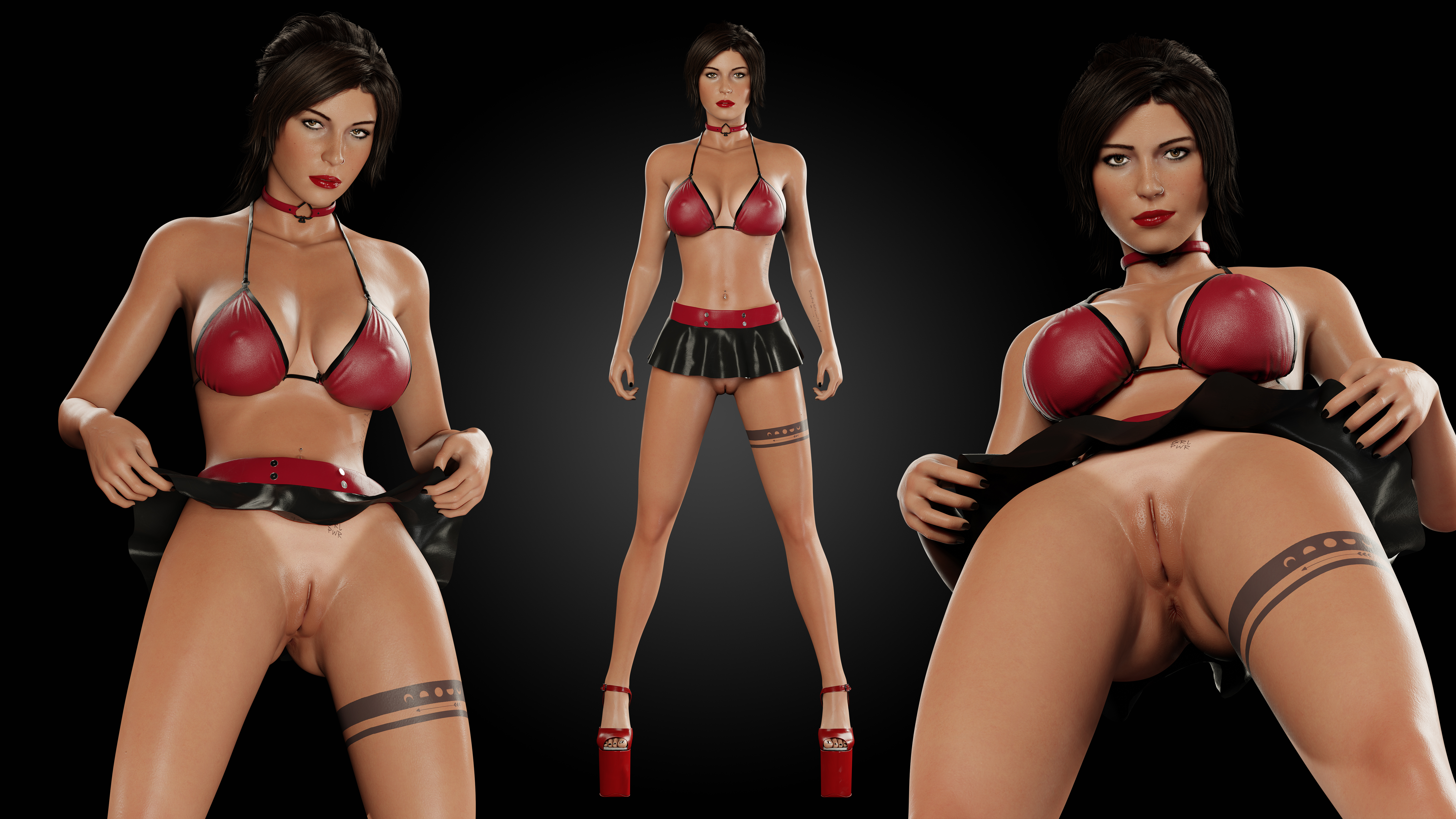 3d, 3d (artwork), anus, benjibonjo, bra, collar, costume, dark hair, lara croft, lara croft (survivor), no panties, no sex, partially clothed, ponytail, pussy, pussy focus, shaved pussy, skirt, skirt lift, standing, tanline, tomb raider, tomb raider (survivor)