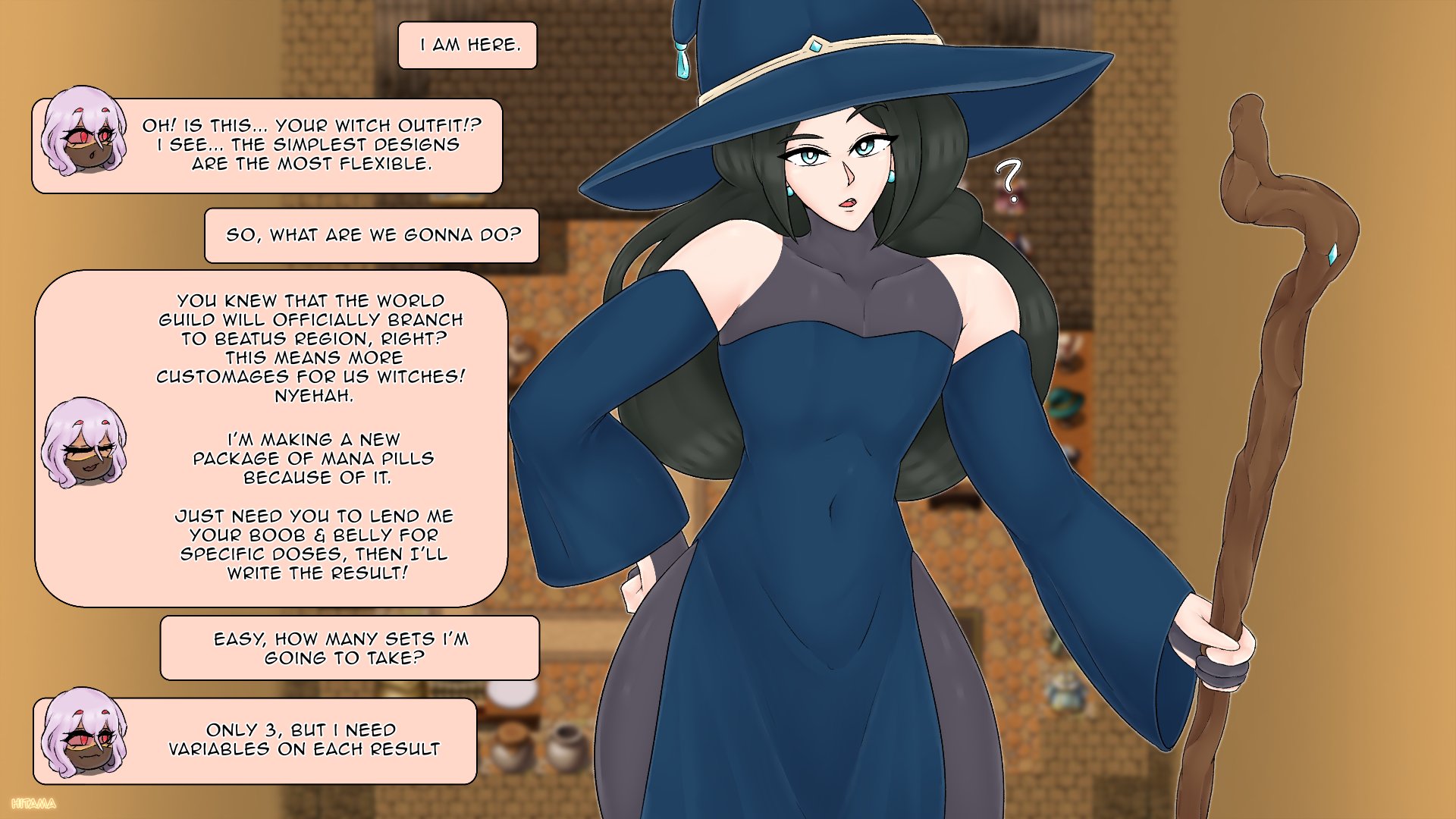 1girls, belly expansion, belly inflation, black hair, boobs, breast expansion, breasts, comic, dialogue, english text, expansion, female, female focus, female only, hitama, inflation, light skin, text, thick thighs, witch, witch (witch tower), witch costume, witch hat