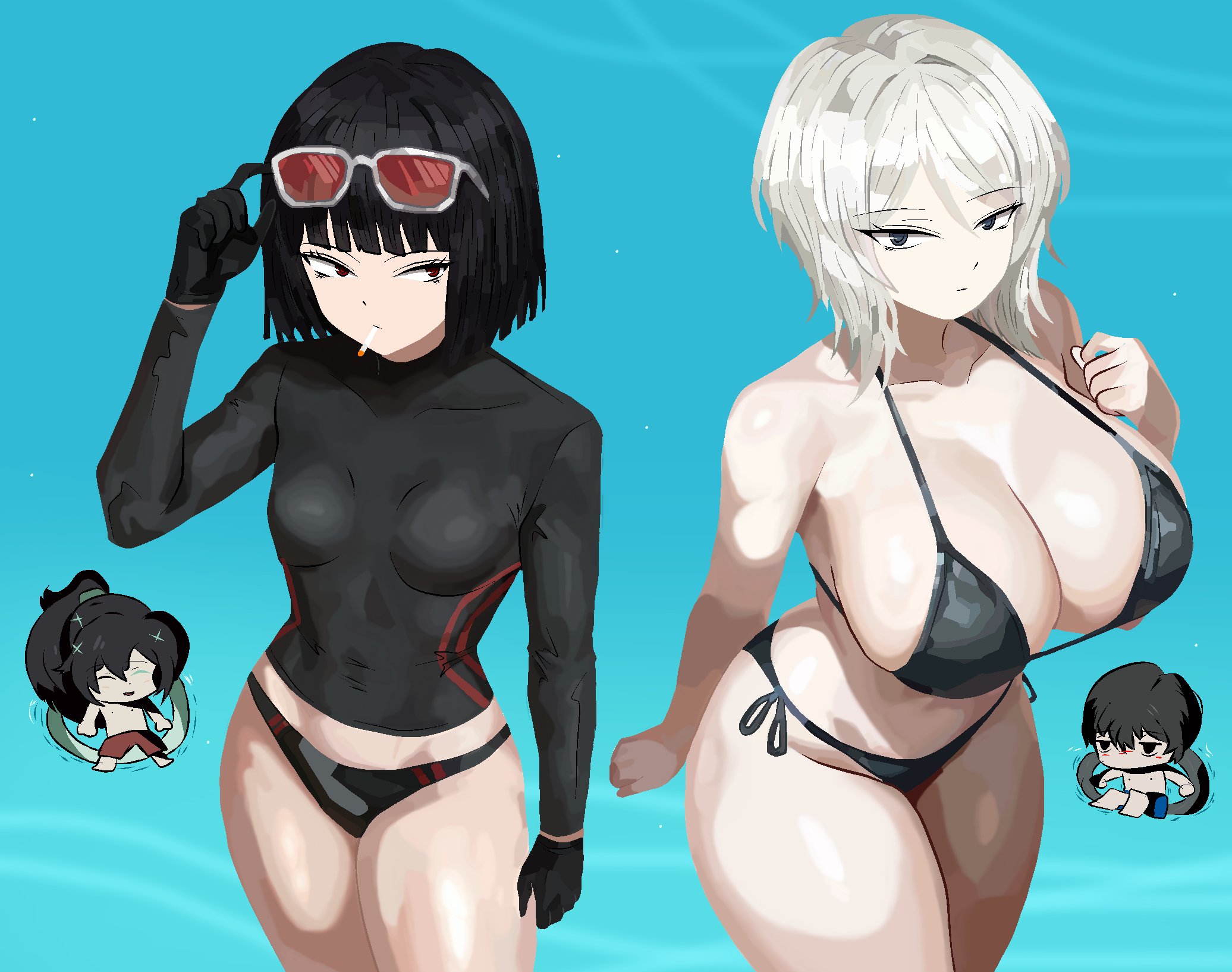 2boys, 2d, 2d (artwork), 2girls, background character, background characters, barely contained, barely contained breasts, big ass, big breasts, bikini, black gloves, black hair, blue eyes, bra, breasts, breasts bigger than head, choker, cocky female, faust (limbus company), female, female focus, gloves, hong lu (limbus company), huge ass, huge breasts, light skin, light-skinned female, limbus company, looking at another, looking at viewer, medium breasts, panties, paul camadonnas, project moon, red eyes, ryoshu (limbus company), short hair, simple background, small bikini, smoking, smoking cigarette, swimsuit, swimwear, thick clothes, thick thighs, thighs, water, water background, white hair, yi sang (limbus company)