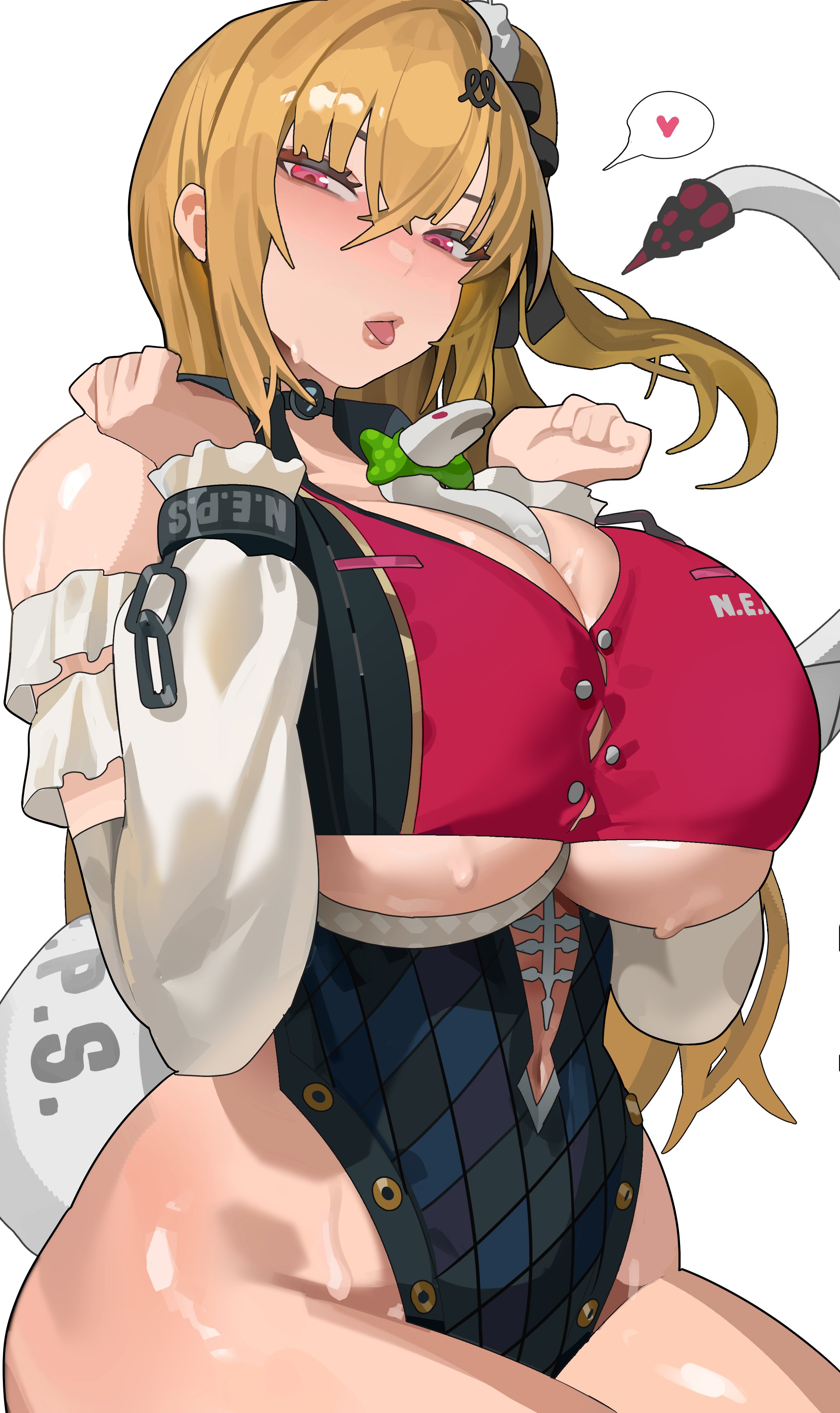 1girls, ahoge, ass, bare shoulders, big ass, big breasts, big thighs, blonde hair, blush, breasts, brown thighhighs, cissia (zenless zone zero), detached sleeves, female, fingernails, from above, gigantic breasts, hair between eyes, hair ornament, hairclip, heart, highres, huge ass, huge breasts, huge thighs, large breasts, long hair, looking at viewer, metal wrist cuffs, oerba yun fang, purple nails, red eyes, shikube, shock collar, simple background, snake, snake girl, snake tail, solo, sweat, sweatdrop, sweating, tail, thick thighs, thighhighs, thighs, white background, white snake, zenless zone zero