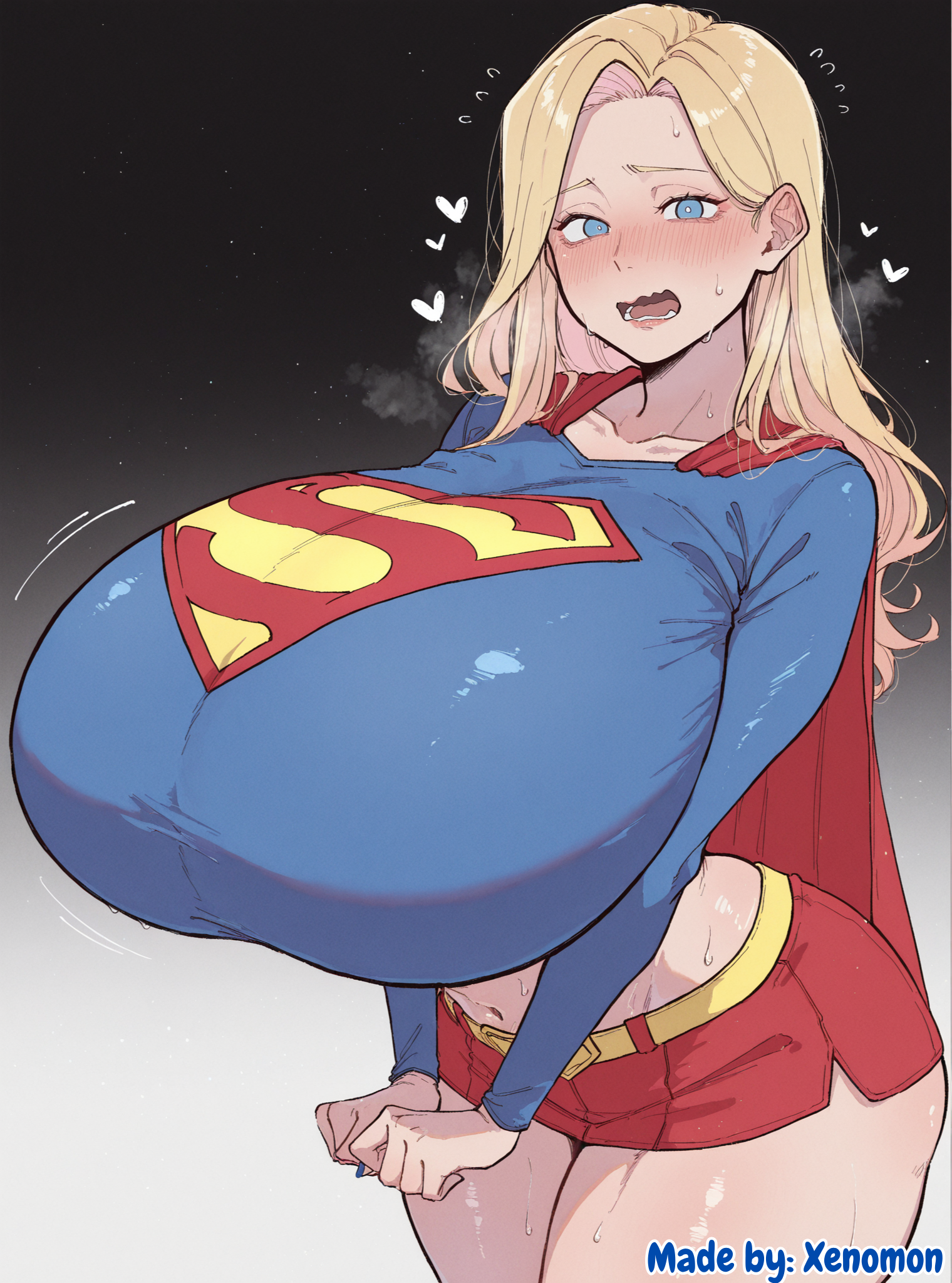 1girl, 1girls, absurd res, absurdres, ai generated, alternate breast size, arched back, big breasts, black background, breasts, breasts bigger than head, breasts bigger than torso, comfyui, dc, dc comics, embarrassed, female, female focus, female only, full-face blush, gigantic breasts, gradient background, heart, highres, huge breasts, kara danvers, kara zor-el, large breasts, leaning back, light-skinned female, lips, looking at viewer, massive breasts, mature female, milf, nail polish, narrow waist, open mouth, simple background, solo, solo female, solo focus, stable diffusion, steaming body, supergirl, superman (series), sweat, thighs, toned, toned female, top heavy, top heavy breasts, wavy mouth, wide hips, xenomon